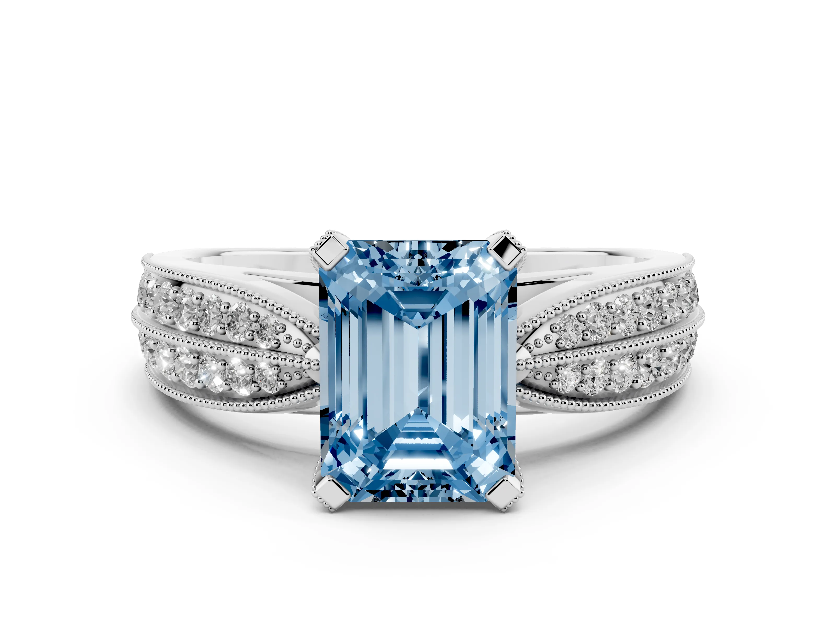 Fancy Blue Emerald Cut Diamond Solitaire Ring Set in Silver with Milgrain Double Row Round Pavé Band