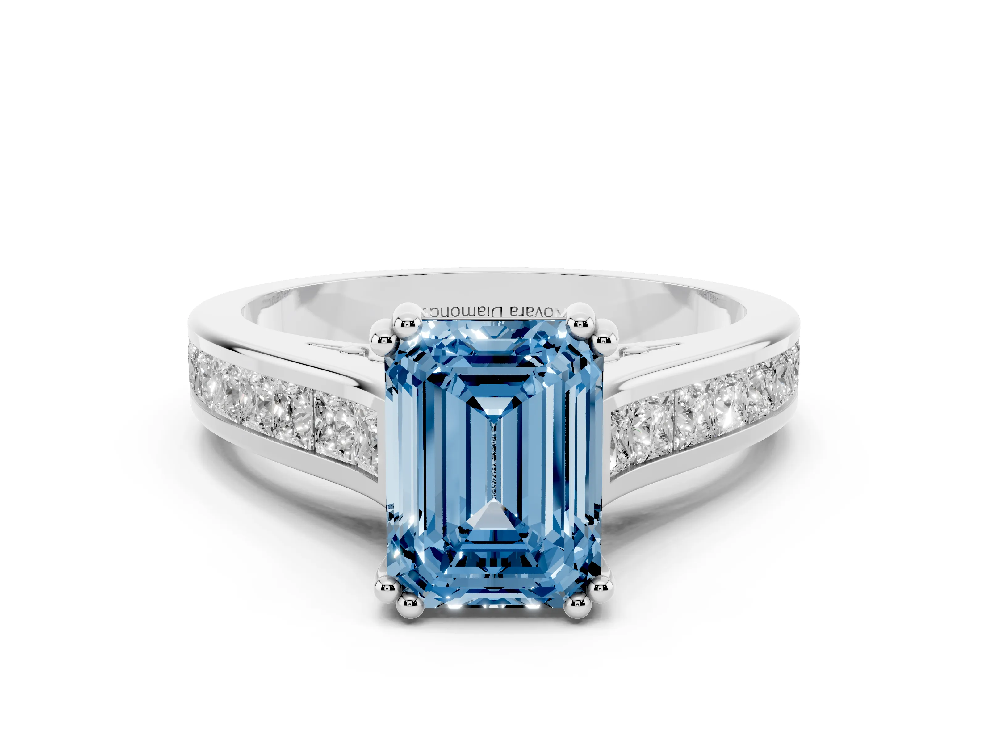 Fancy Blue Emerald Cut Diamond Channel Set Solitaire Engagement Ring Set in Platinum with Prong Setting