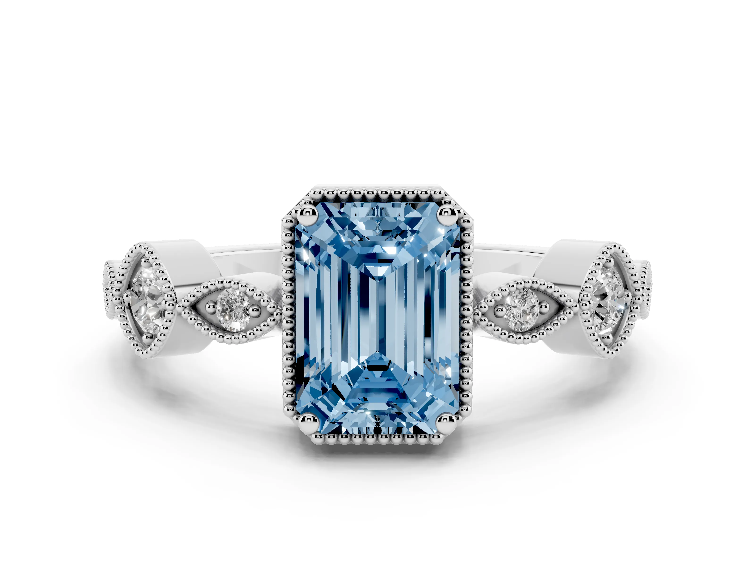 Fancy Blue Emerald Cut Diamond Vintage-Inspired Milgrain Ring Set in Platinum with Marquise Stations of Round Accents