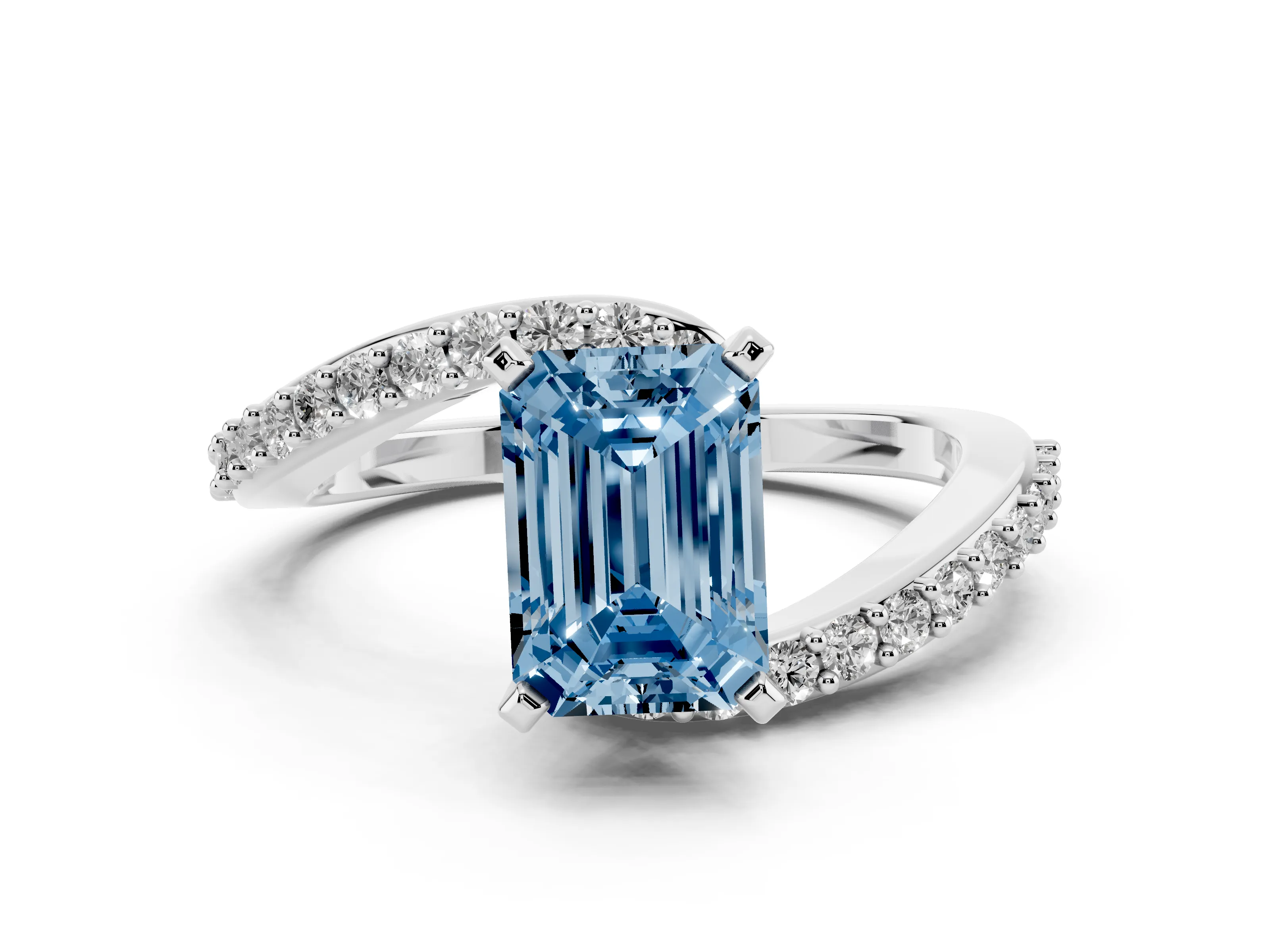 Fancy Blue Emerald Cut Diamond Solitaire Ring Set in Platinum with Pavé Twist Band and Prong Setting