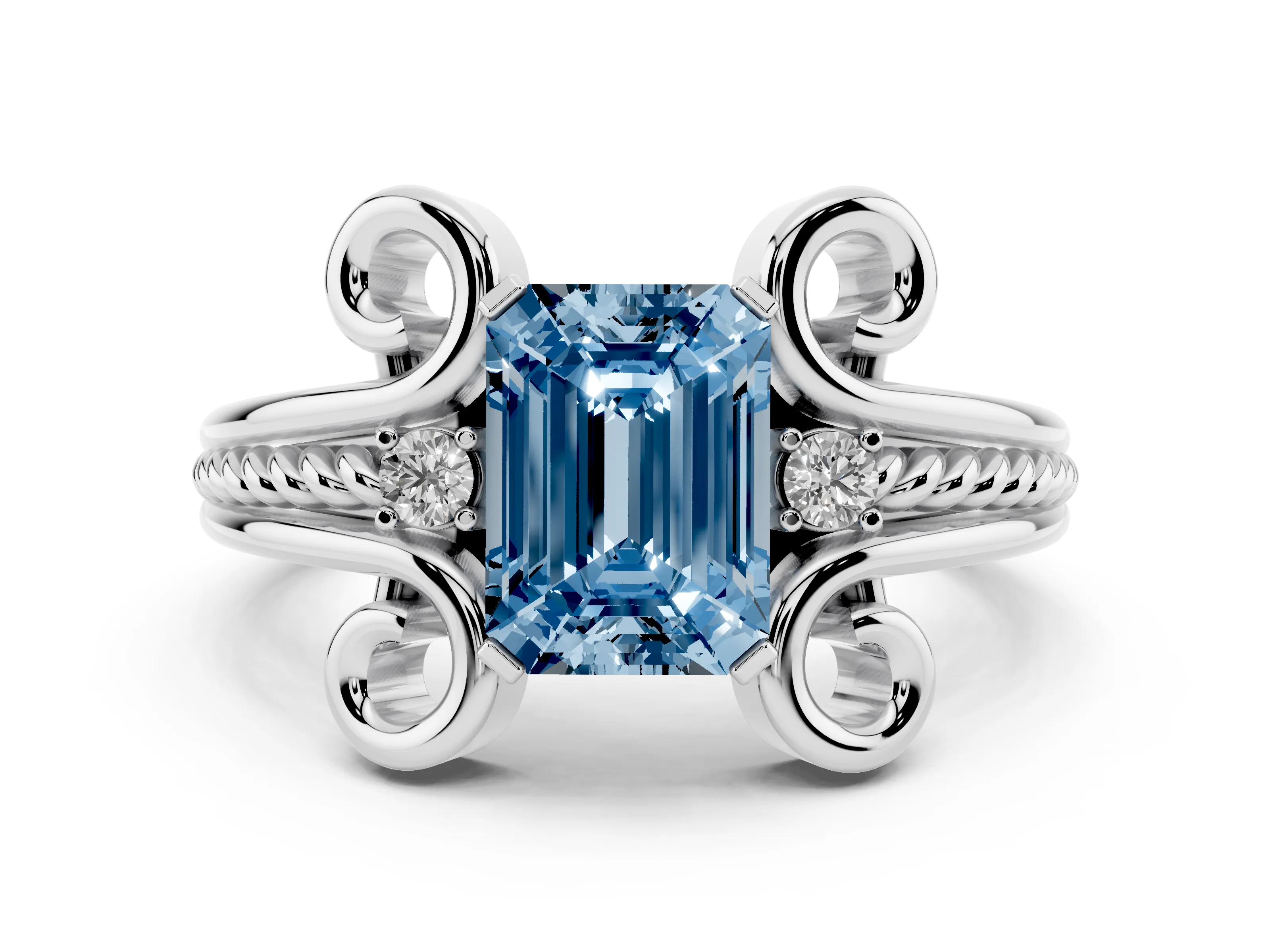 Fancy Blue Emerald Cut Diamond Twisted Band Solitaire Ring Set in Platinum with Scroll Prongs