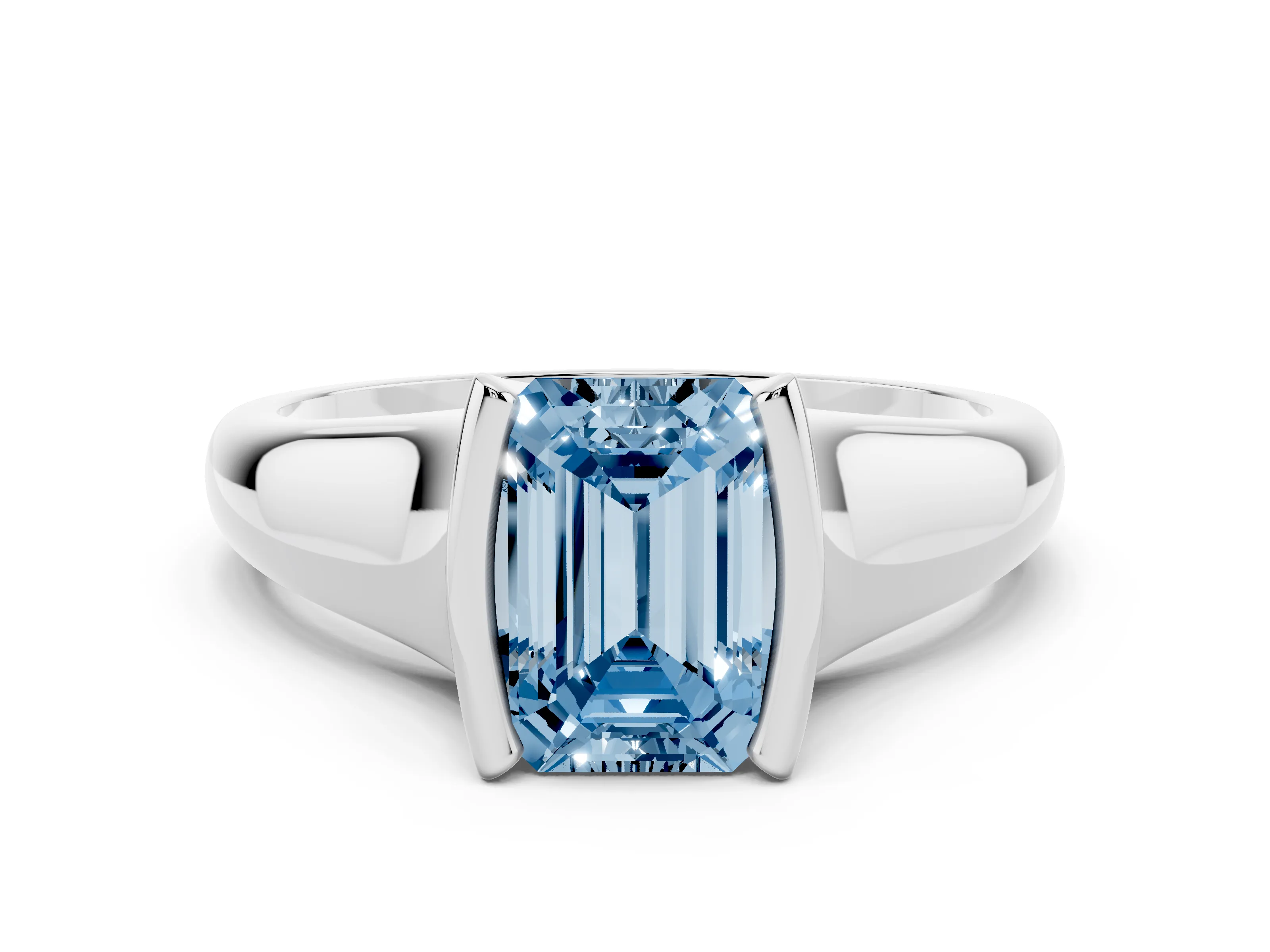 Fancy Blue Emerald Cut Diamond Solitaire Tension Set Ring Set in White gold with Split Shank Band