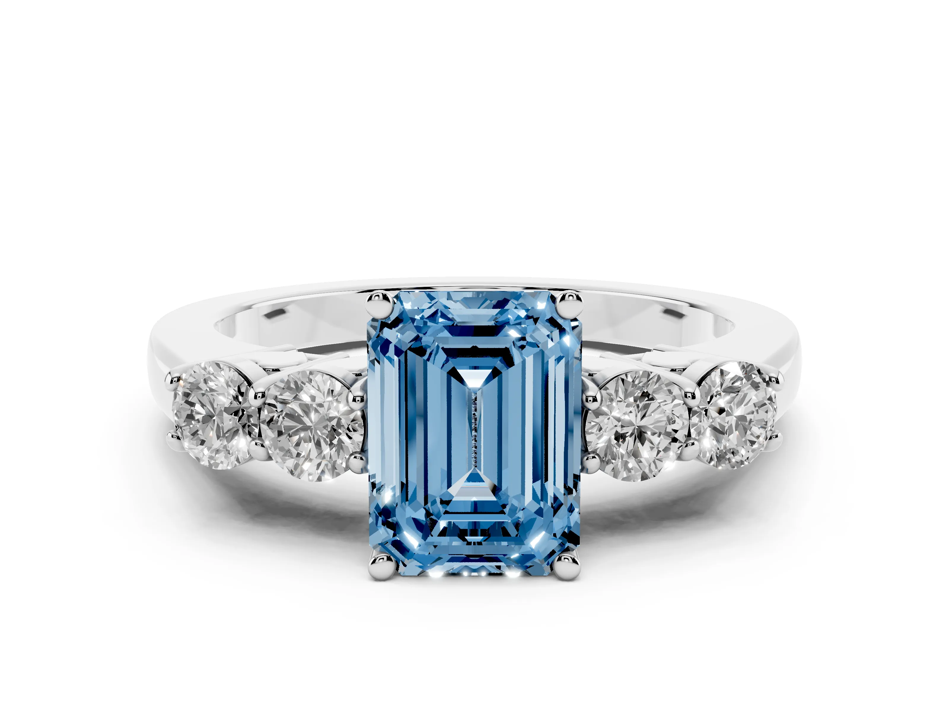 Fancy Blue Emerald Cut Diamond Five-Stone Prong Set Band Ring Set in Platinum with Polished Band