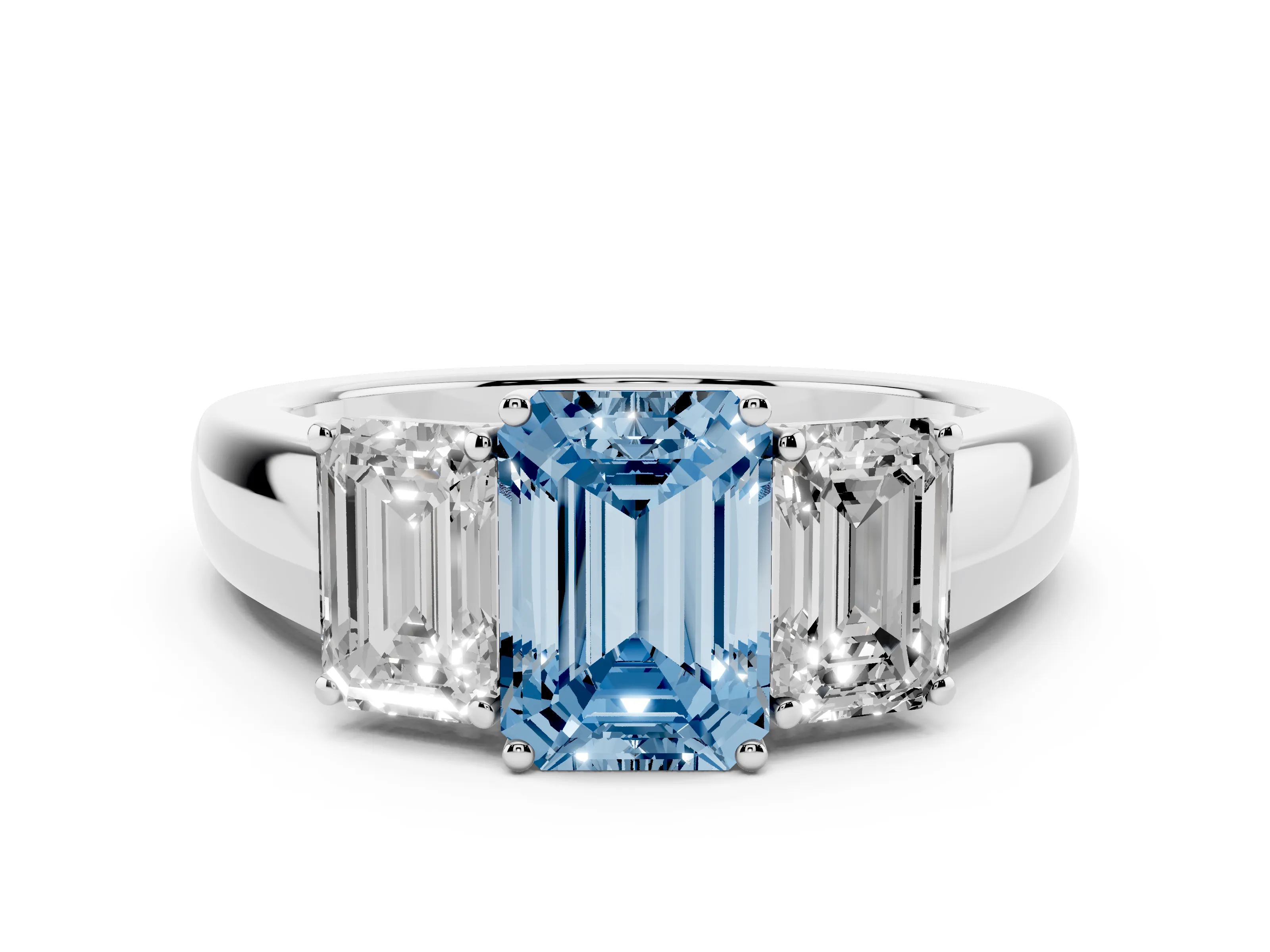 Fancy Blue Three-Stone Emerald Cut Diamond Ring Set in Platinum with Matching Prong Settings and Plain Band