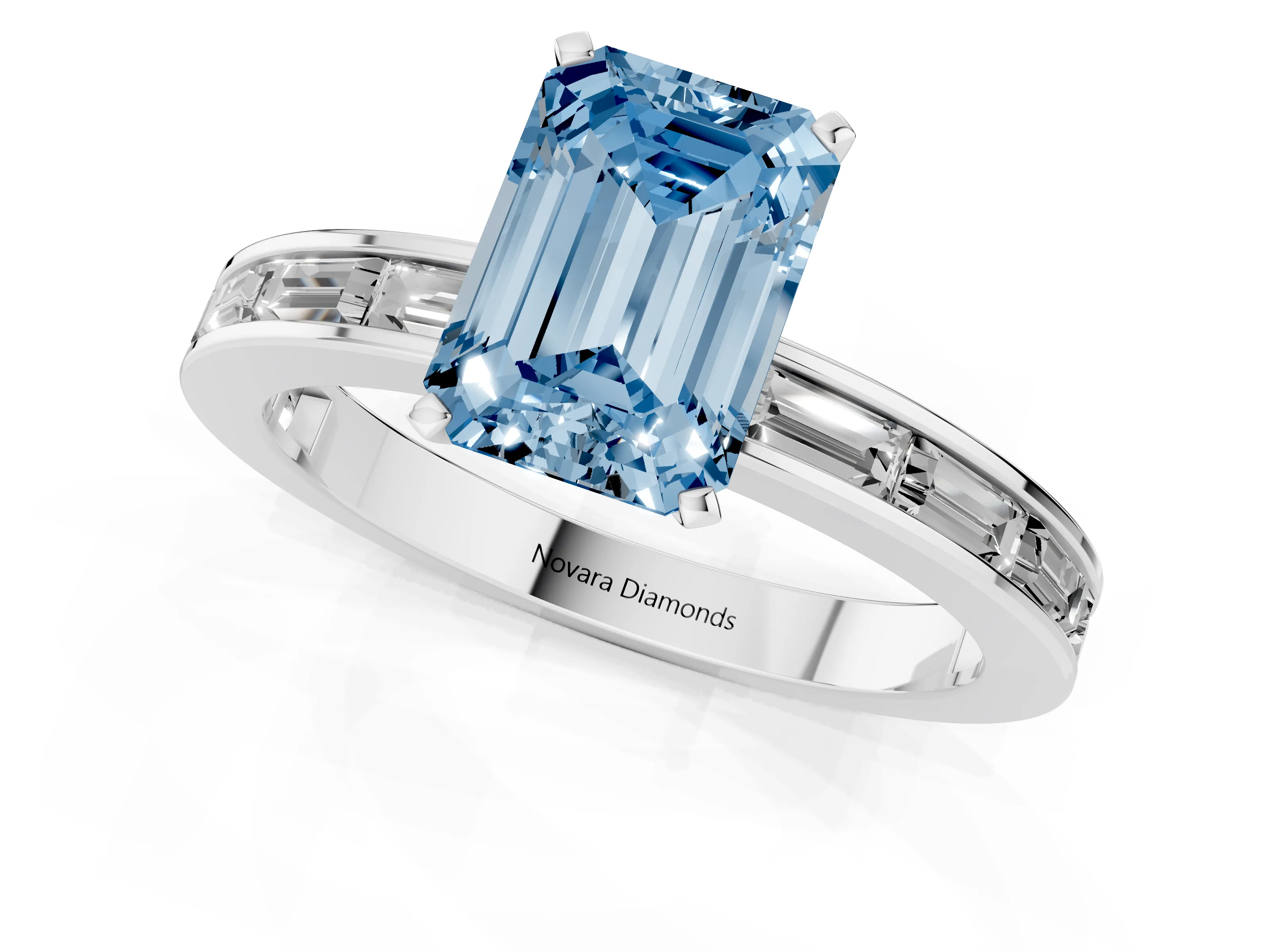 Fancy Blue Emerald Cut Diamond Solitaire Ring Set in White gold with Channel-Set Baguette Band and Prong Setting