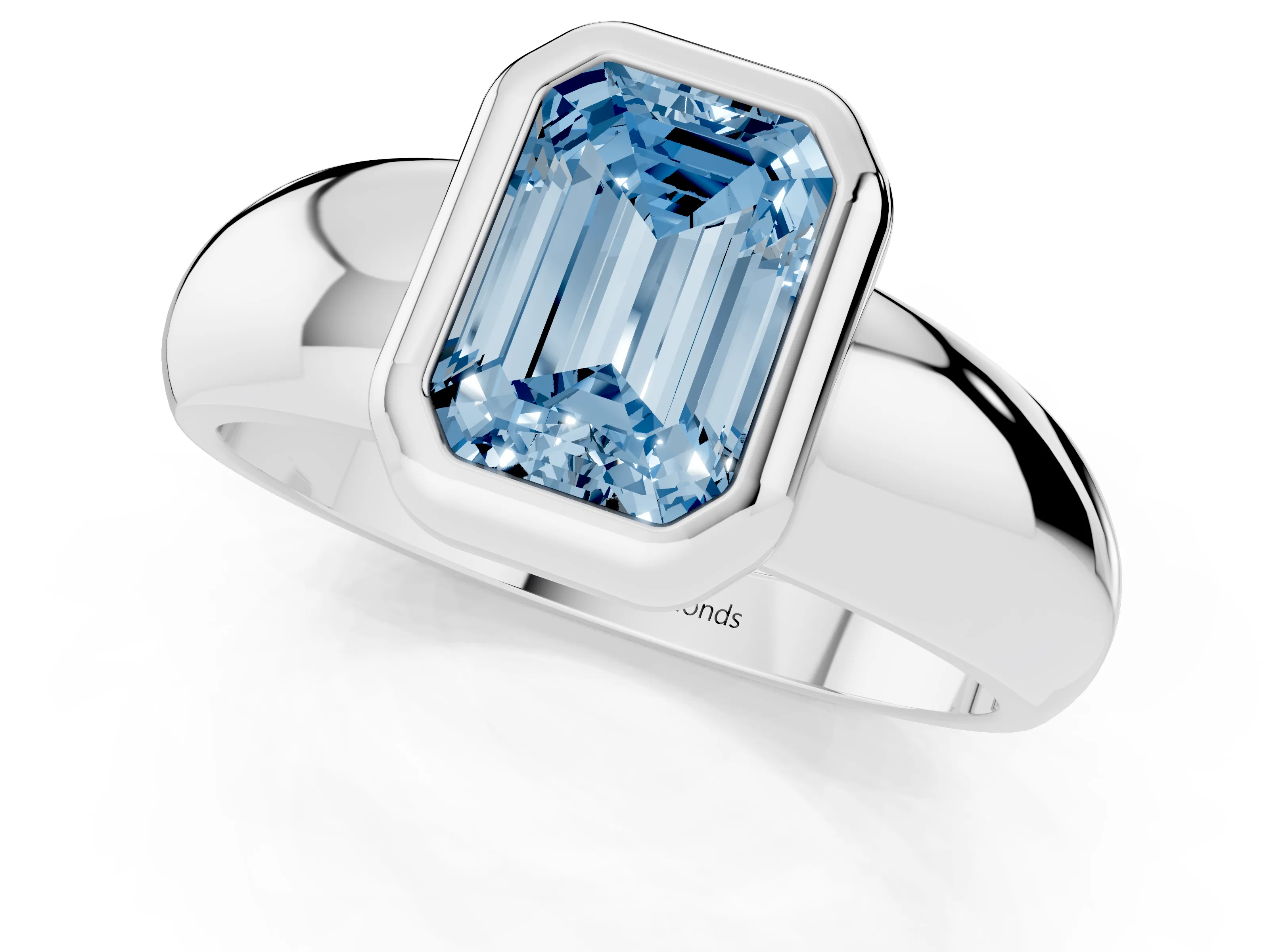 Fancy Blue Bezel Set Emerald Cut Diamond Solitaire Ring Set in White gold with Wide Band
