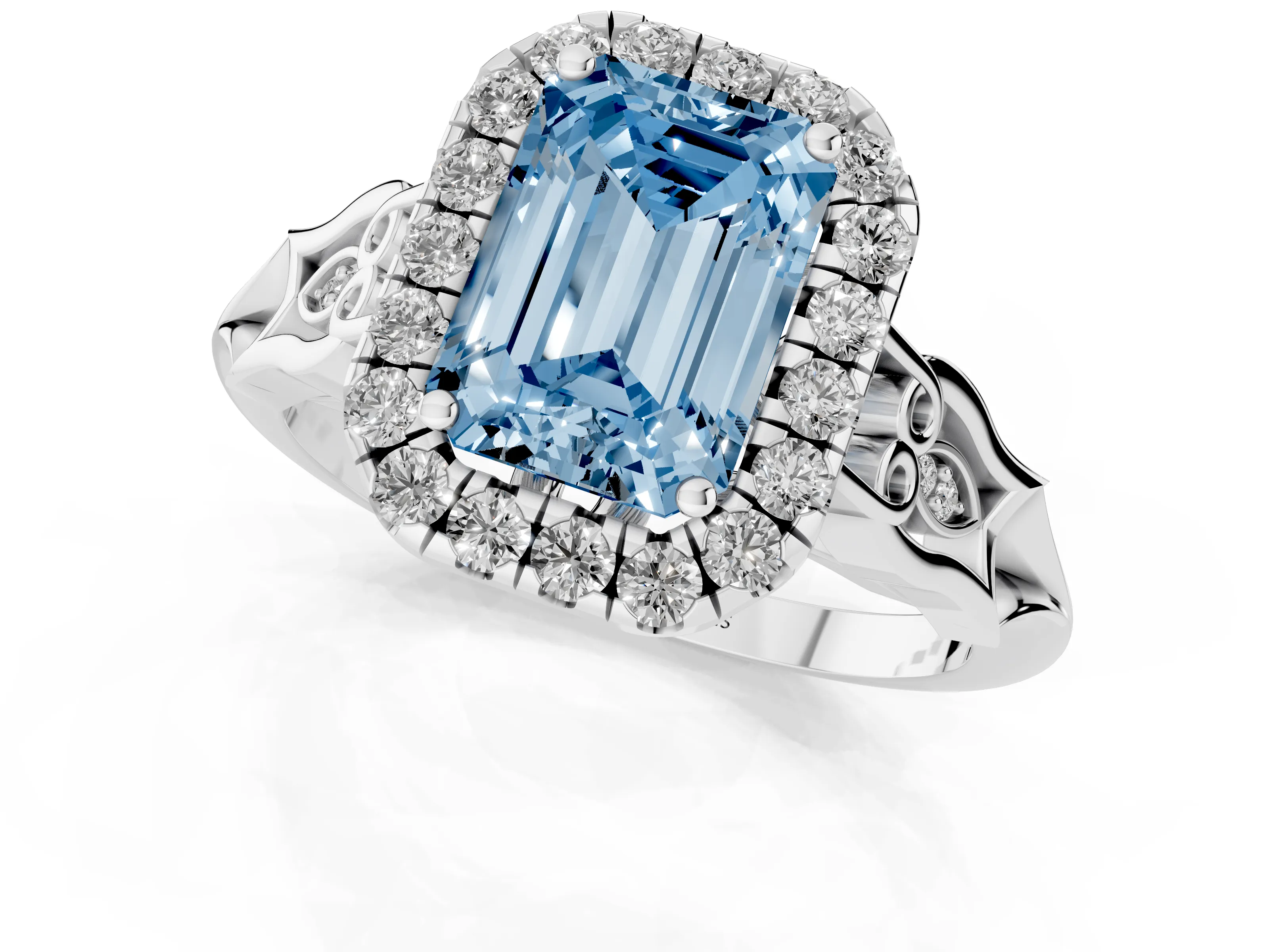 Fancy Blue Emerald Cut Diamond Halo Engagement Ring Set in Platinum with Filigree Band and Prong-Set Center