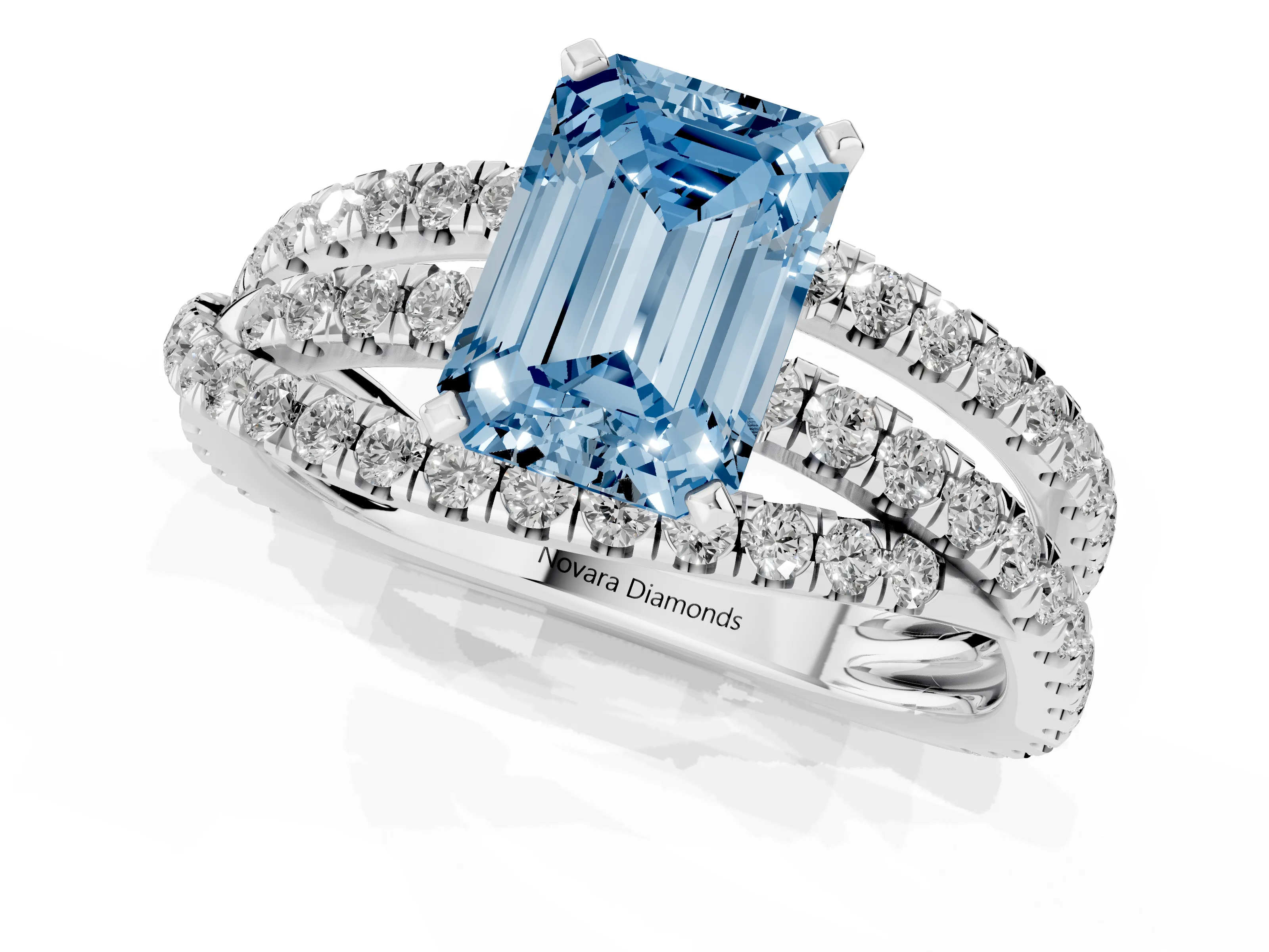 Fancy Blue Emerald Cut Diamond Solitaire Twist Band Ring Set in White gold with Pavé Setting and Prong Head