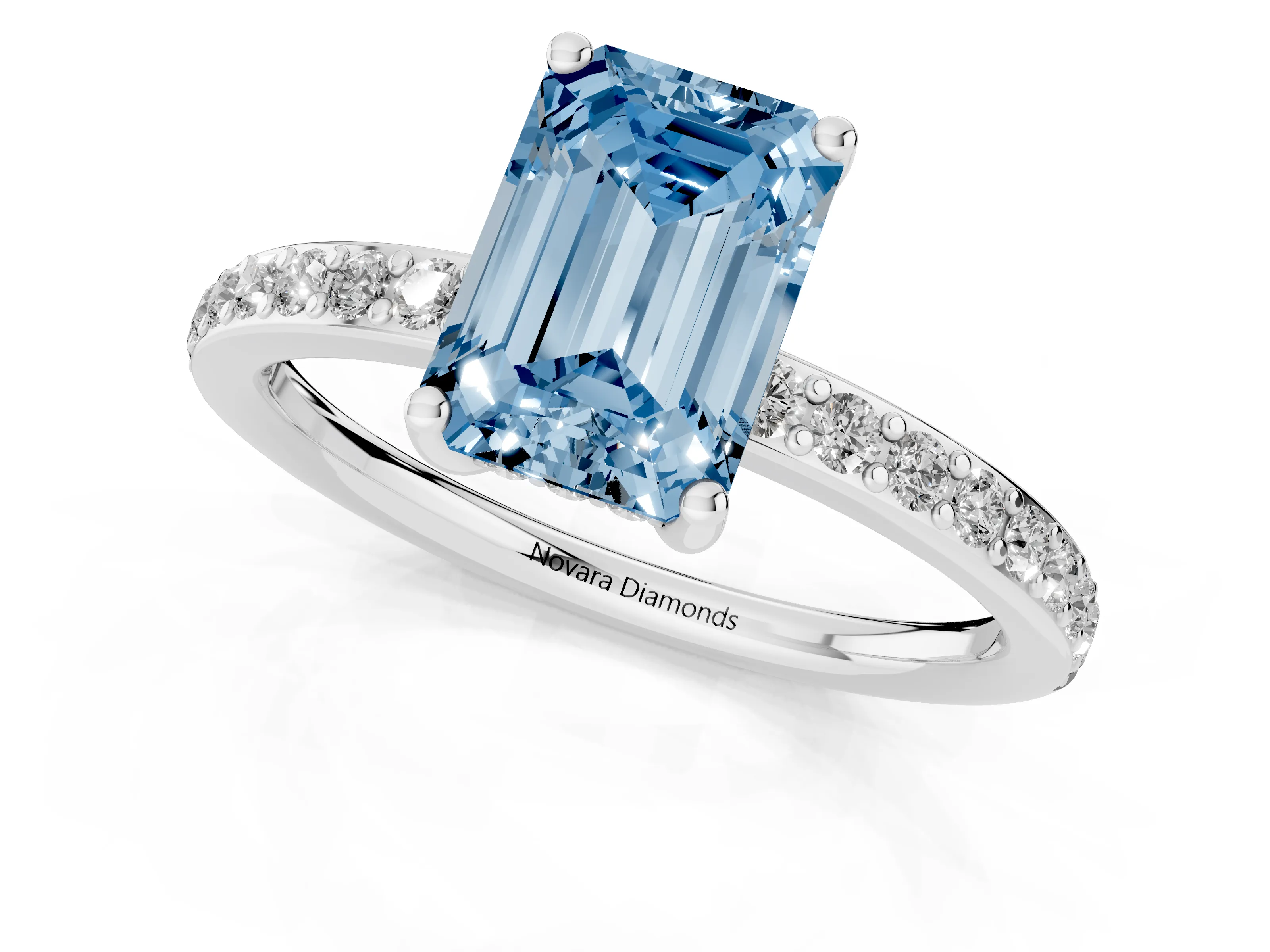 Fancy Blue Emerald Cut Diamond Pavé Band Ring Set in Silver with Prong-Set Center Stone
