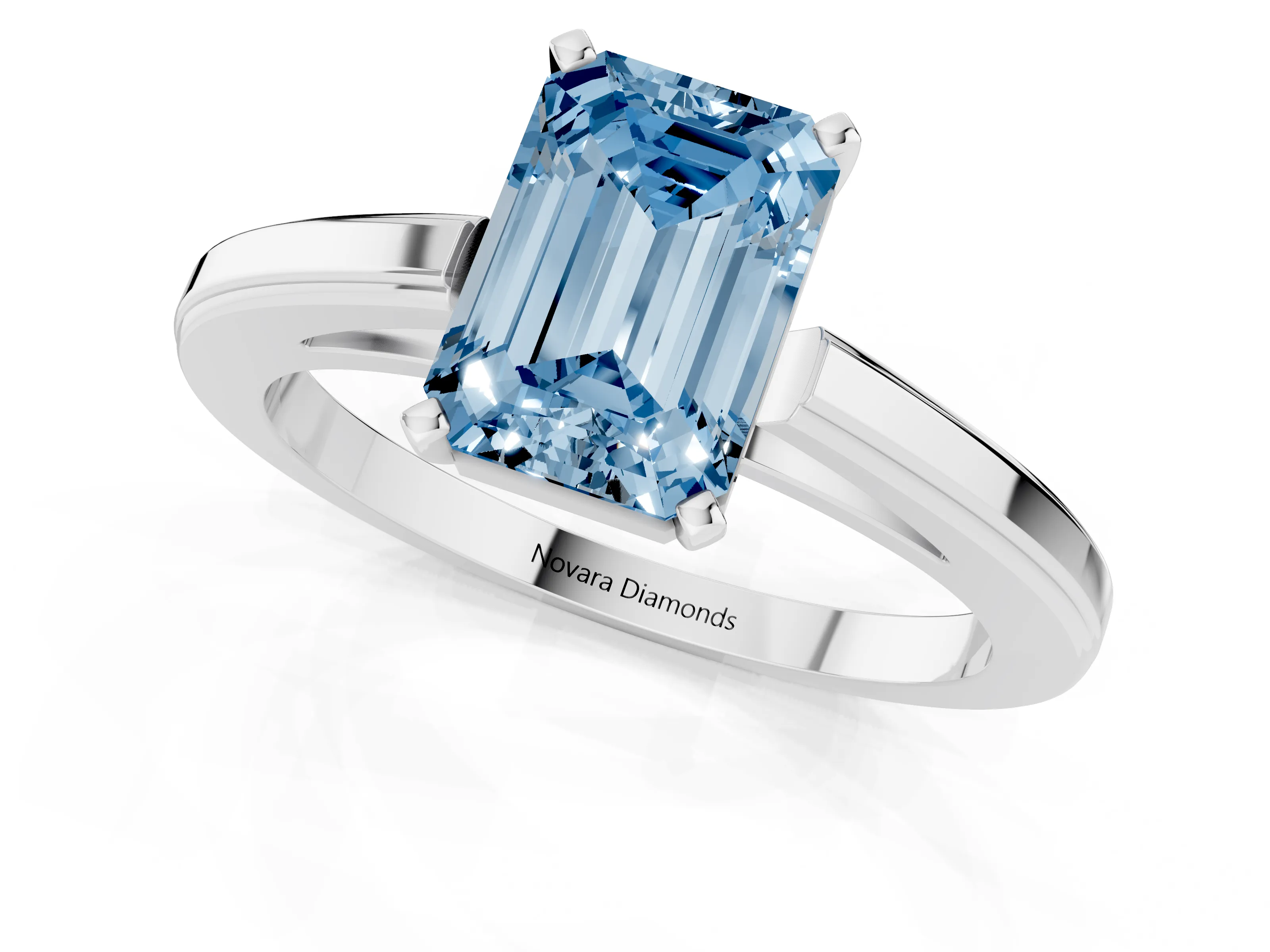 Fancy Blue Emerald Cut Diamond Solitaire Ring Set in Platinum with Prong Setting and Classic Band