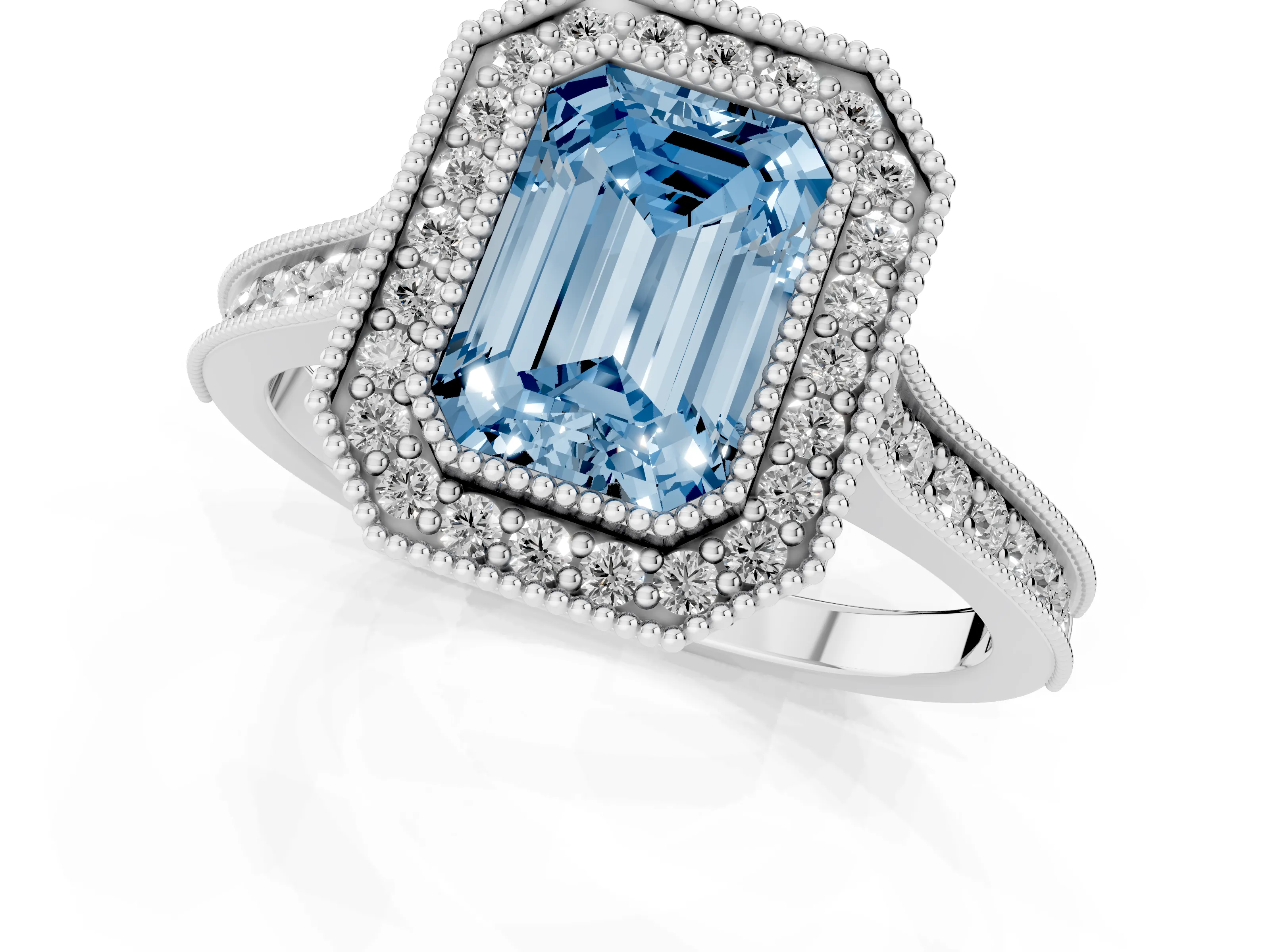 Fancy Blue Emerald Cut Diamond Halo Milgrain Pavé Band Ring Set in Silver with Prong Setting