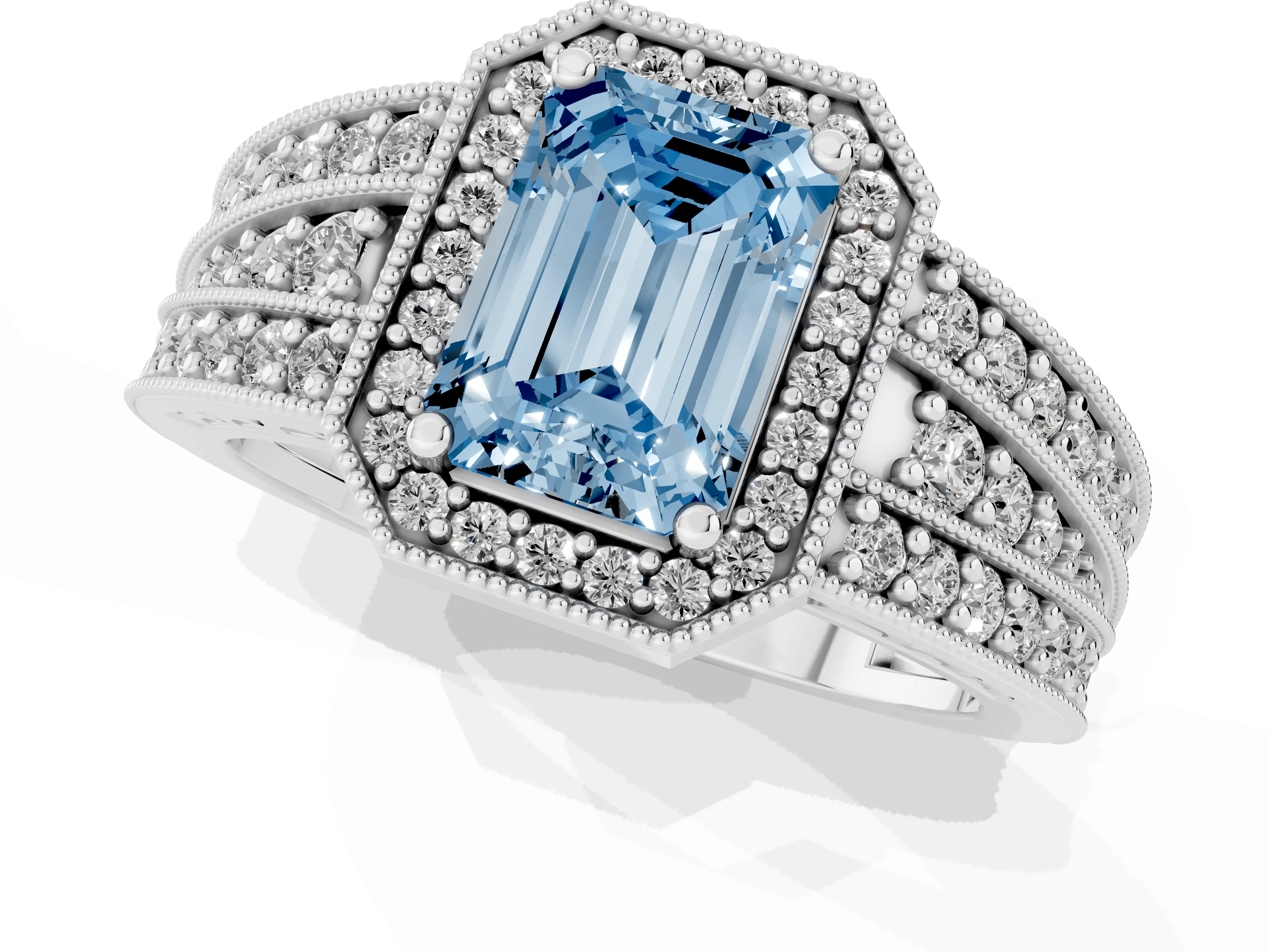 Fancy Blue Emerald Cut Diamond Halo Ring Set in White gold with Accent Split Shank and Prong Setting – second view