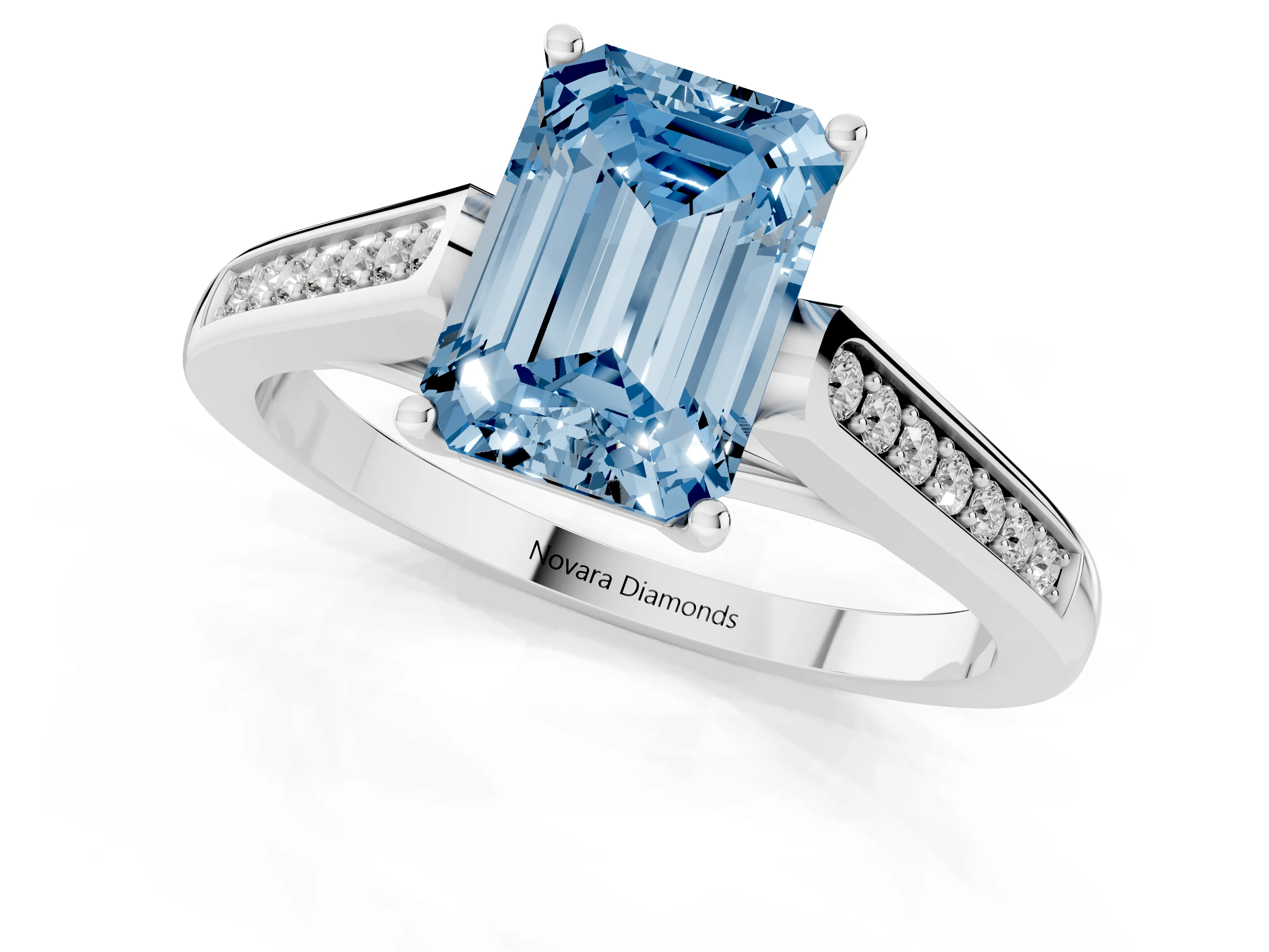 Fancy Blue Emerald Cut Diamond Solitaire Cathedral Engagement Ring Set in Platinum with Channel-Set Band and Prong Setting