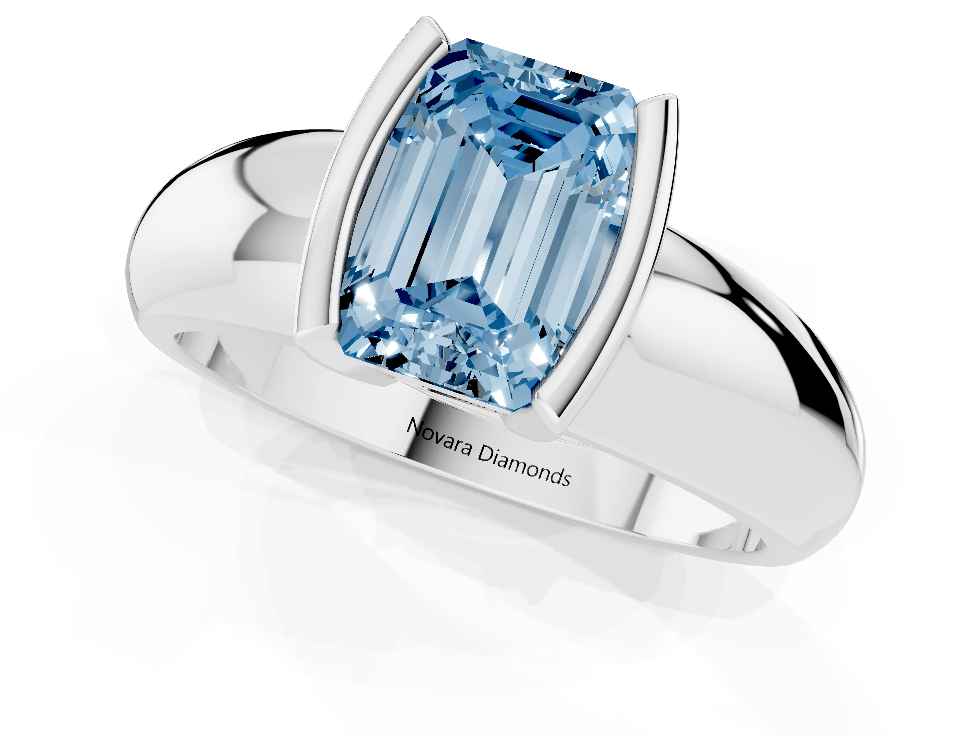Fancy Blue Emerald Cut Diamond Solitaire Tension Set Ring Set in Platinum with Wide Band