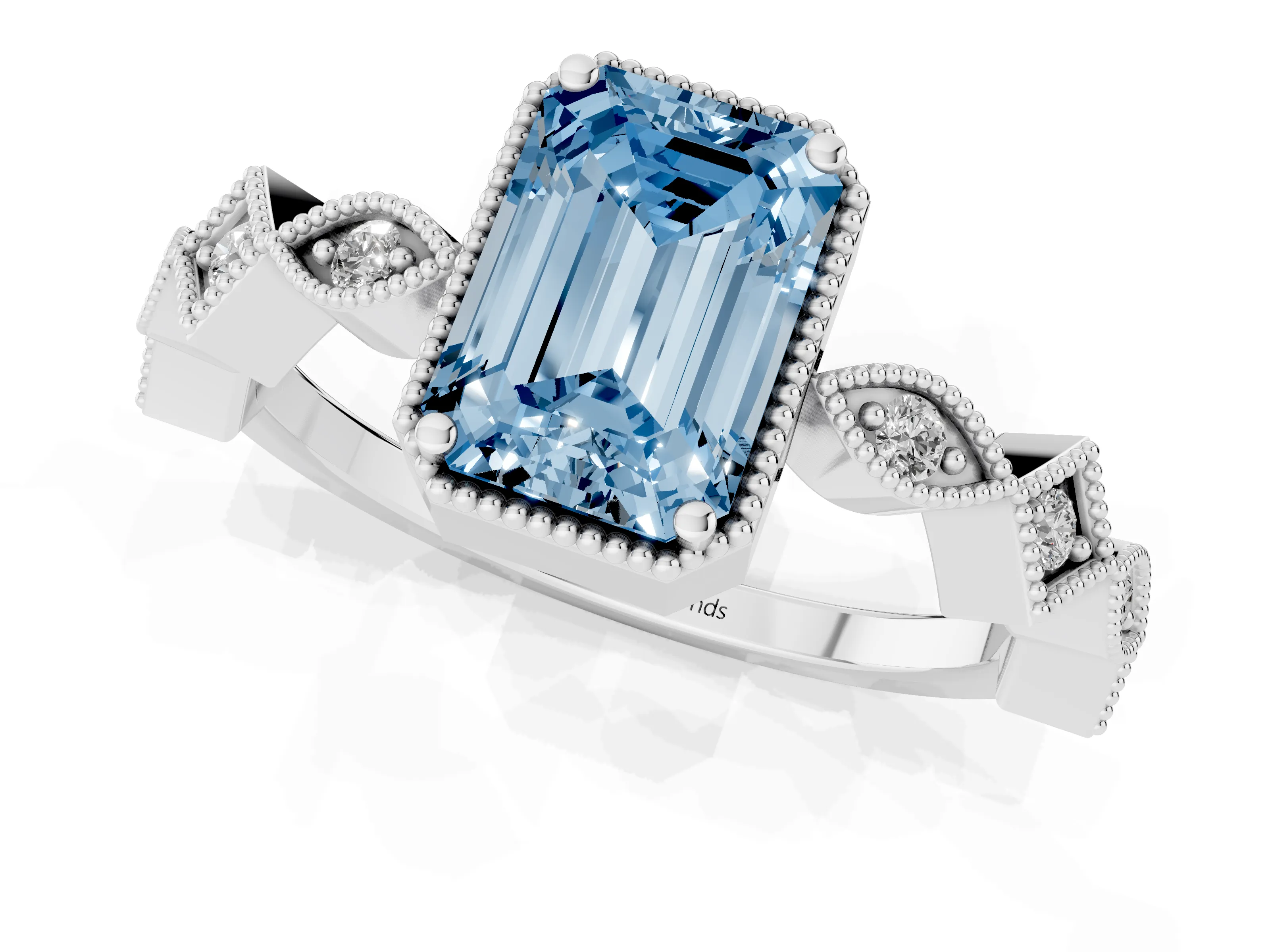 Fancy Blue Emerald Cut Diamond Milgrain Marquise Twist Band Ring Set in White gold with Prong Setting