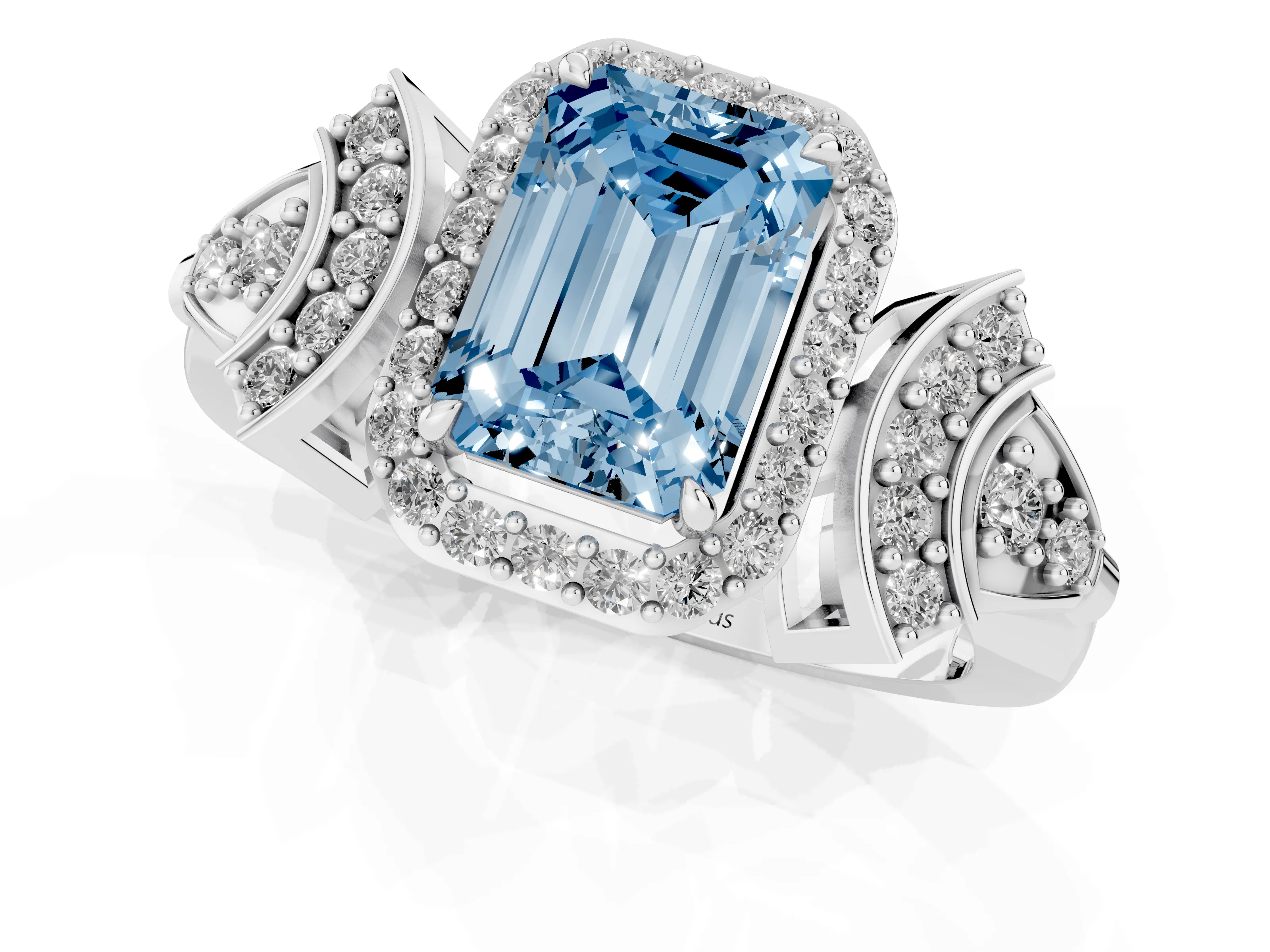 Fancy Blue Emerald Cut Diamond Halo Engagement Ring Set in Silver with Accent Stone Split Shank