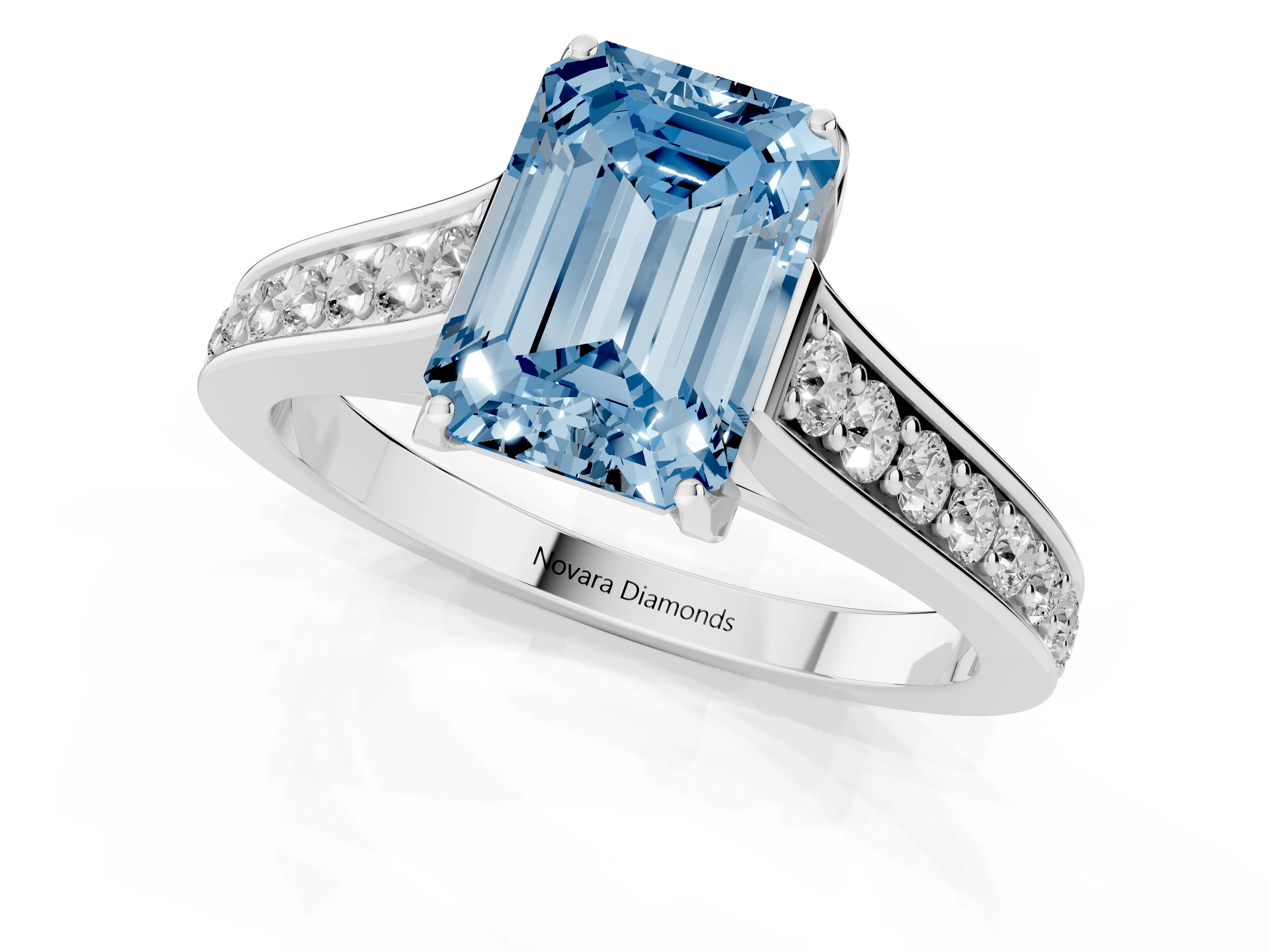 Fancy Blue Emerald Cut Diamond Solitaire Pavé Engagement Ring Set in White gold with Prong Setting