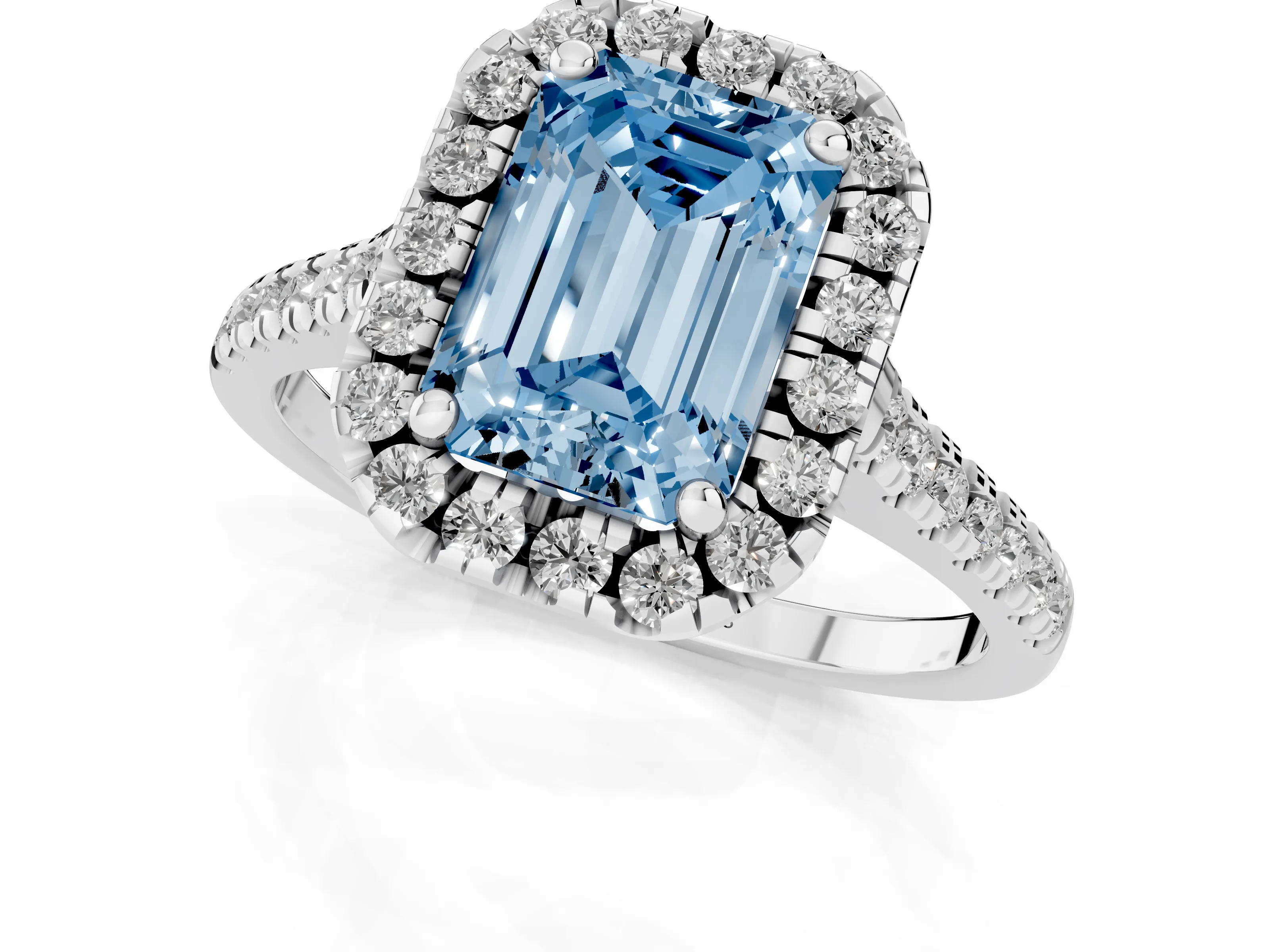 Fancy Blue Emerald Cut Diamond Cushion Halo Ring Set in Platinum with Pavé Band