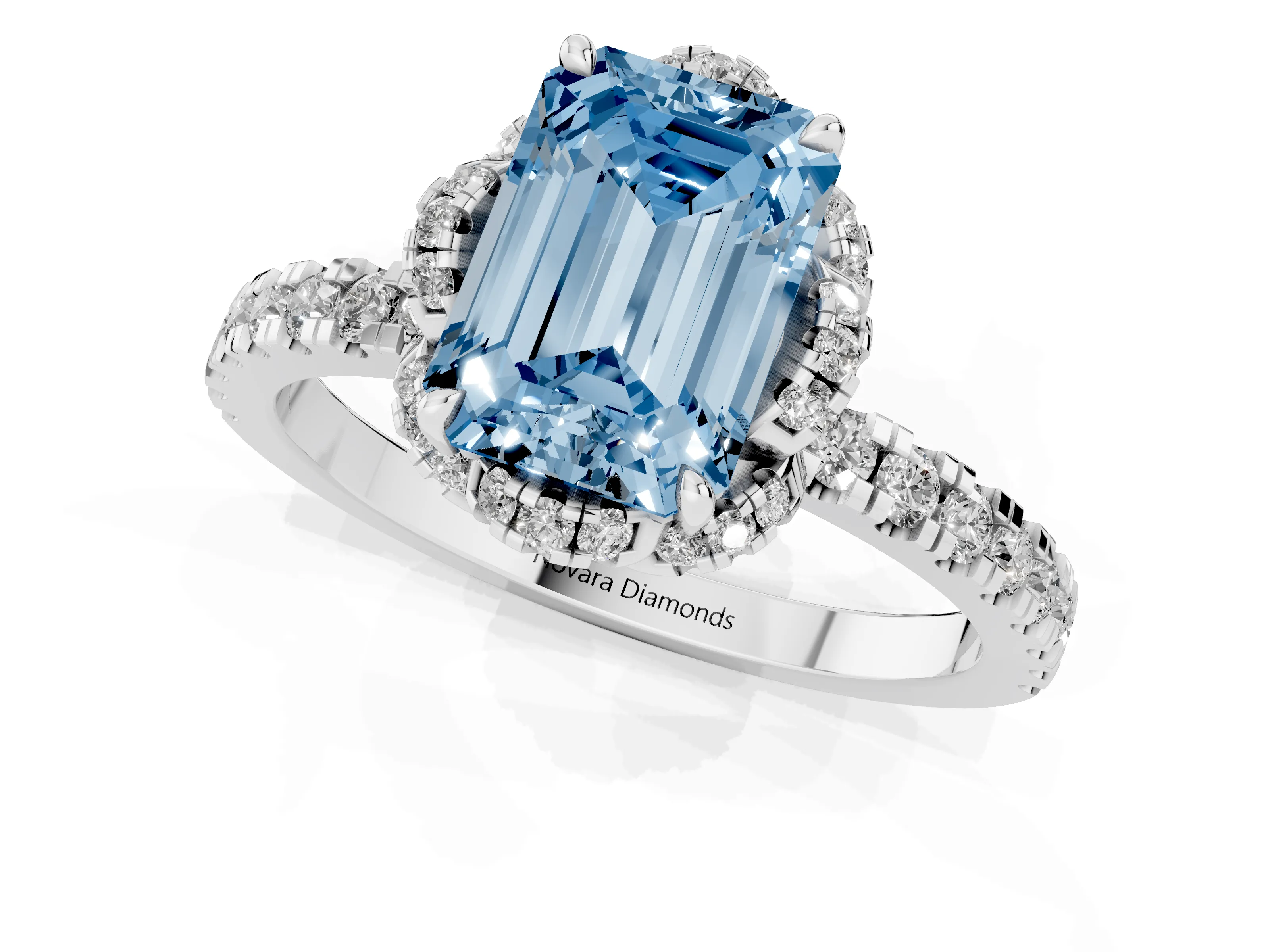 Fancy Blue Emerald Cut Diamond Halo Pavé Band Ring Set in Platinum with Prong-Held Center