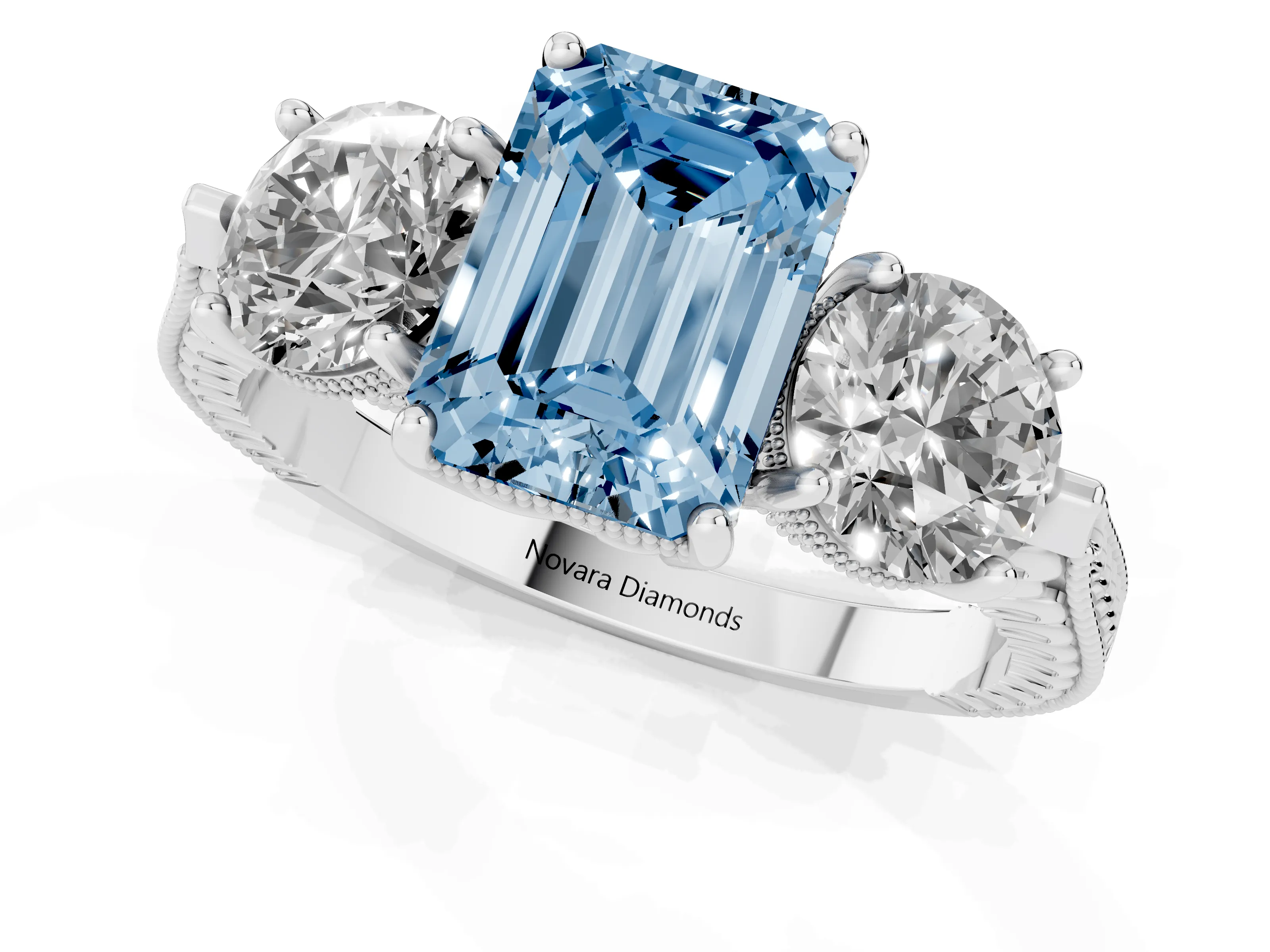 Fancy Blue Emerald Cut Diamond Three-Stone Ring Set in Silver with Milgrain Band