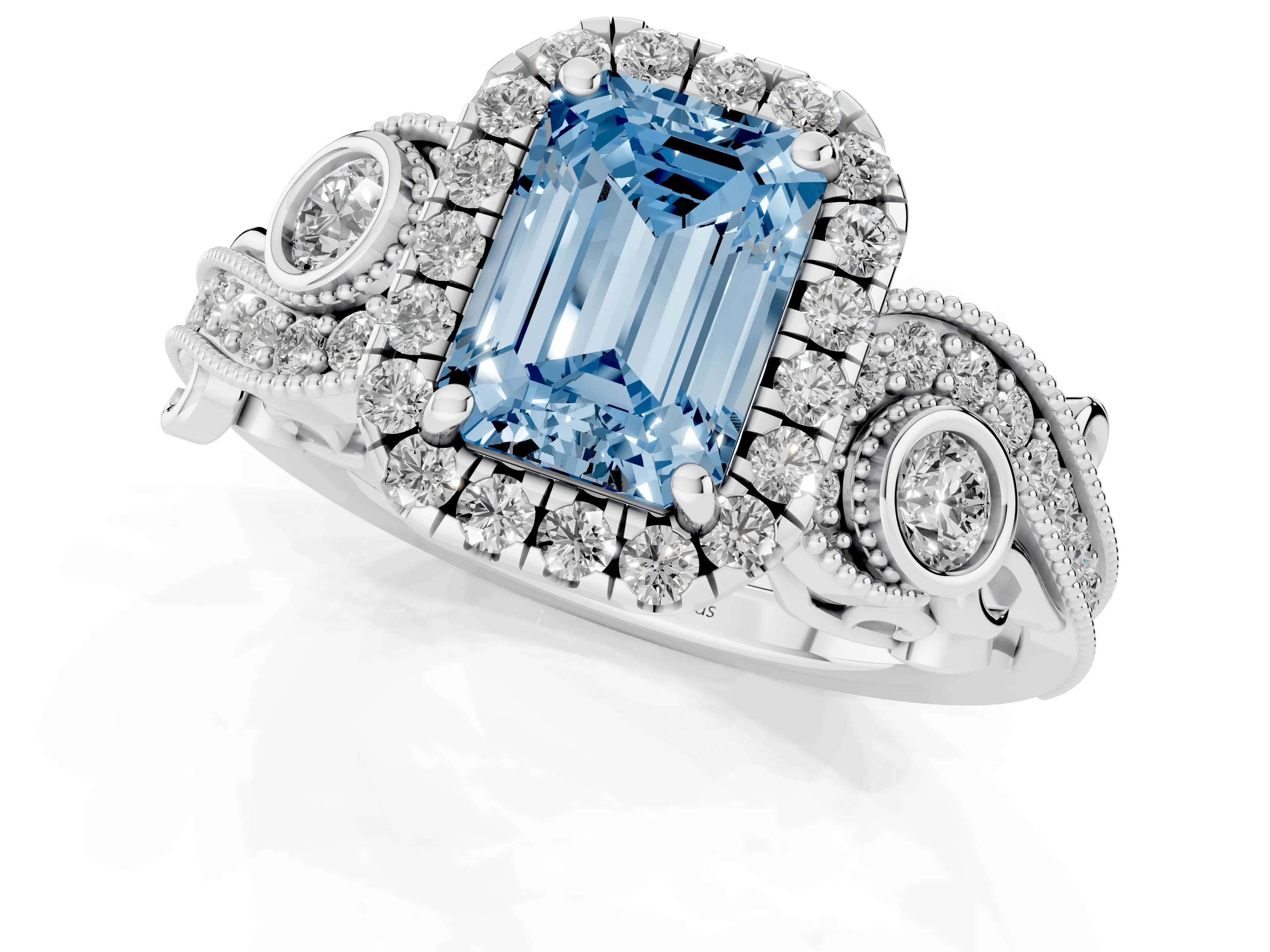 Fancy Blue Emerald Cut Diamond Halo Ring Set in Platinum with Milgrain Pavé Band and Prong Setting