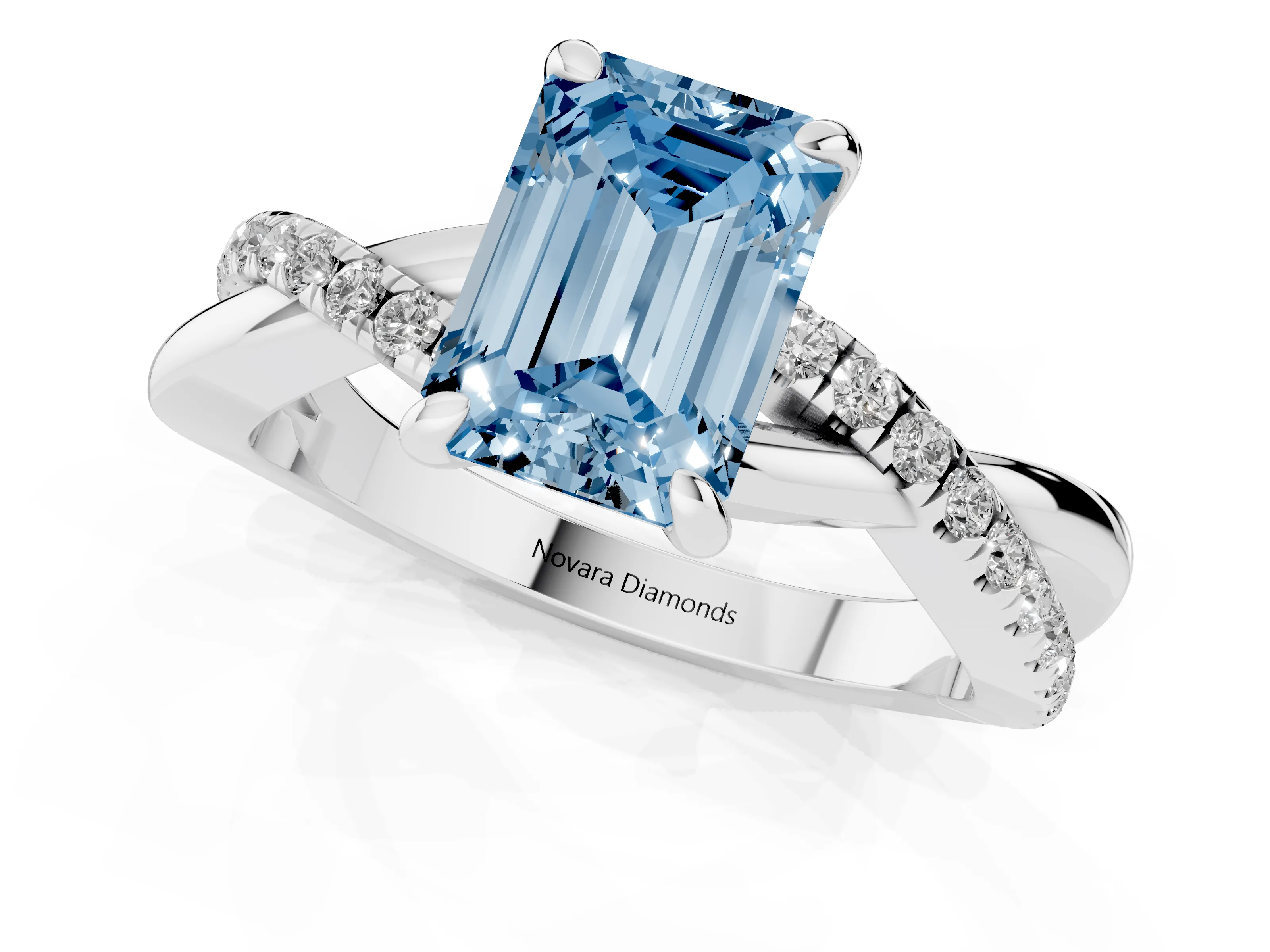 Fancy Blue Emerald Cut Diamond Twist Band Solitaire Set in White gold with Pavé Accents and Prong Setting