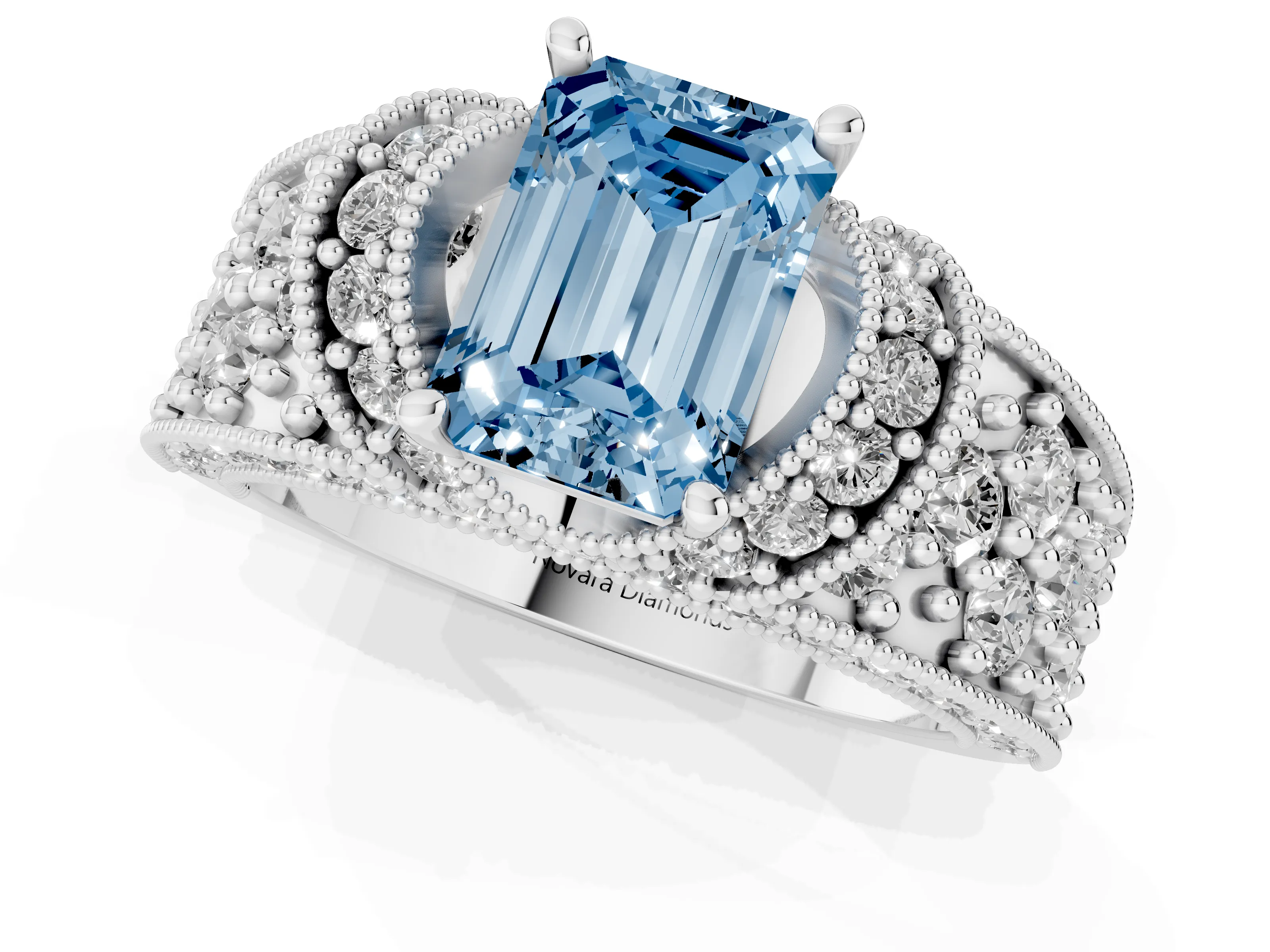 Fancy Blue Emerald Cut Diamond Milgrain Halo Pavé Engagement Ring Set in Silver with Prong Setting