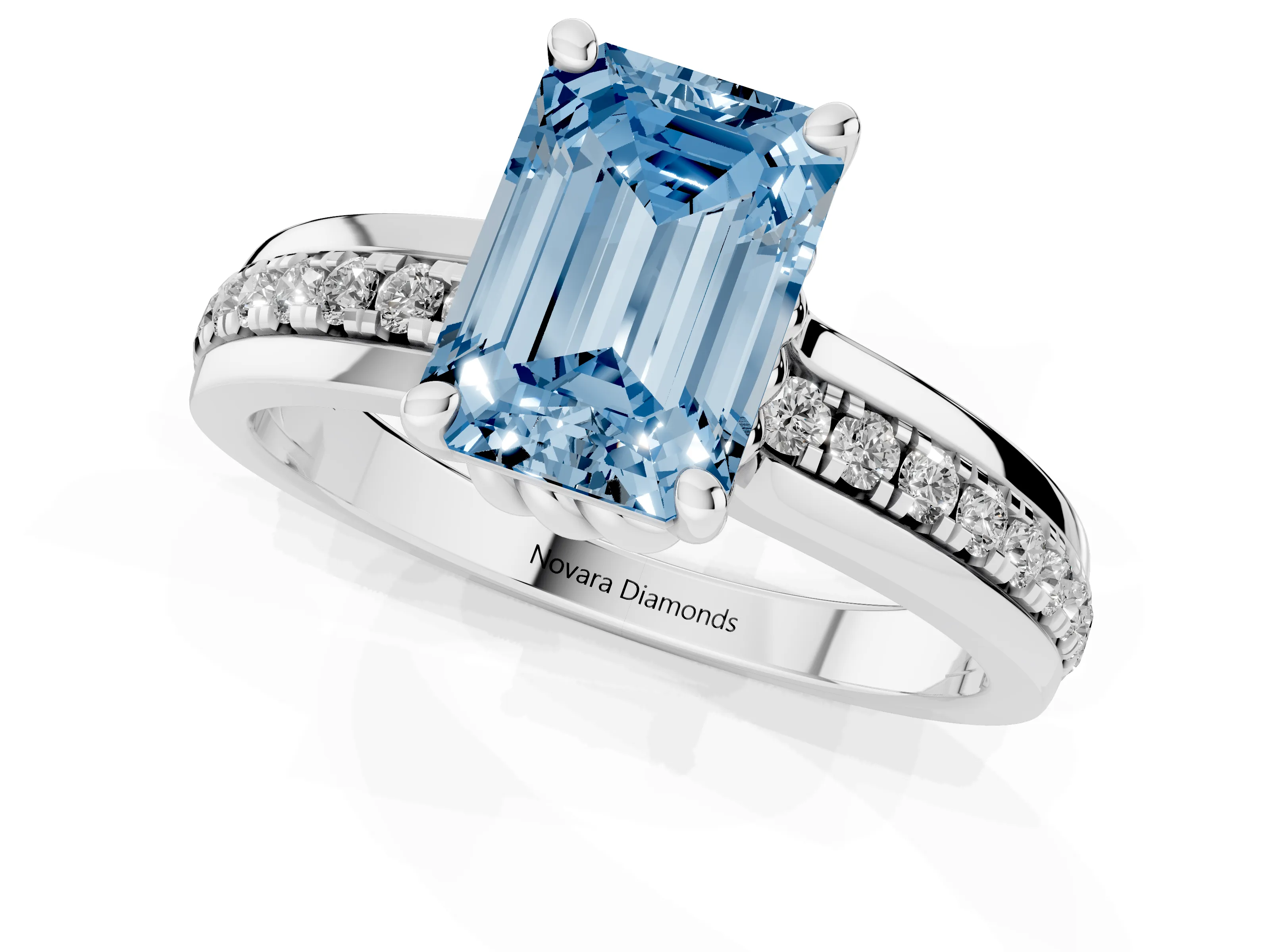 Fancy Blue Emerald Cut Diamond Solitaire Ring Set in White gold with Channel Set Band and Prong Setting