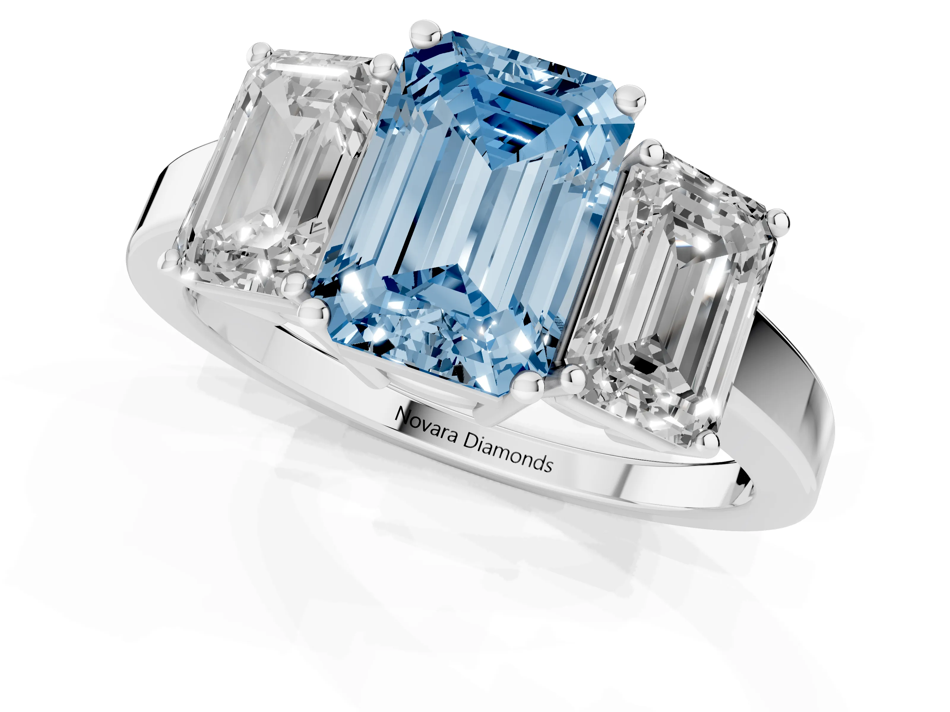 Fancy Blue Emerald Cut Diamond Three-Stone Engagement Ring Set in Silver with Flat Band