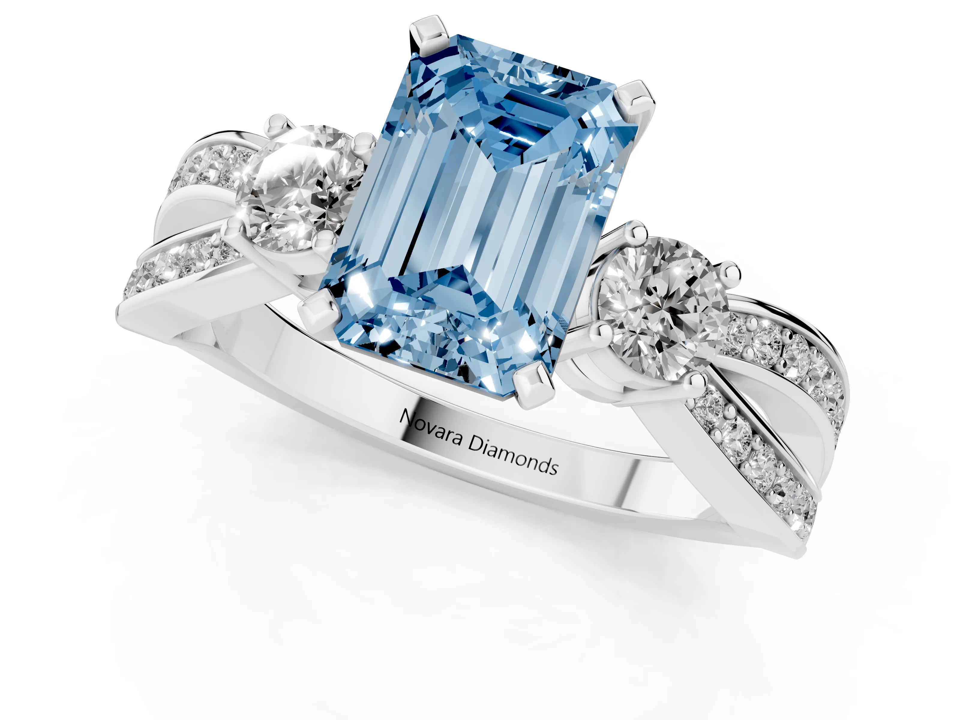 Fancy Blue Three-Stone Emerald Cut Diamond Twist Band Ring Set in White gold with Pavé Accents and Prong Setting