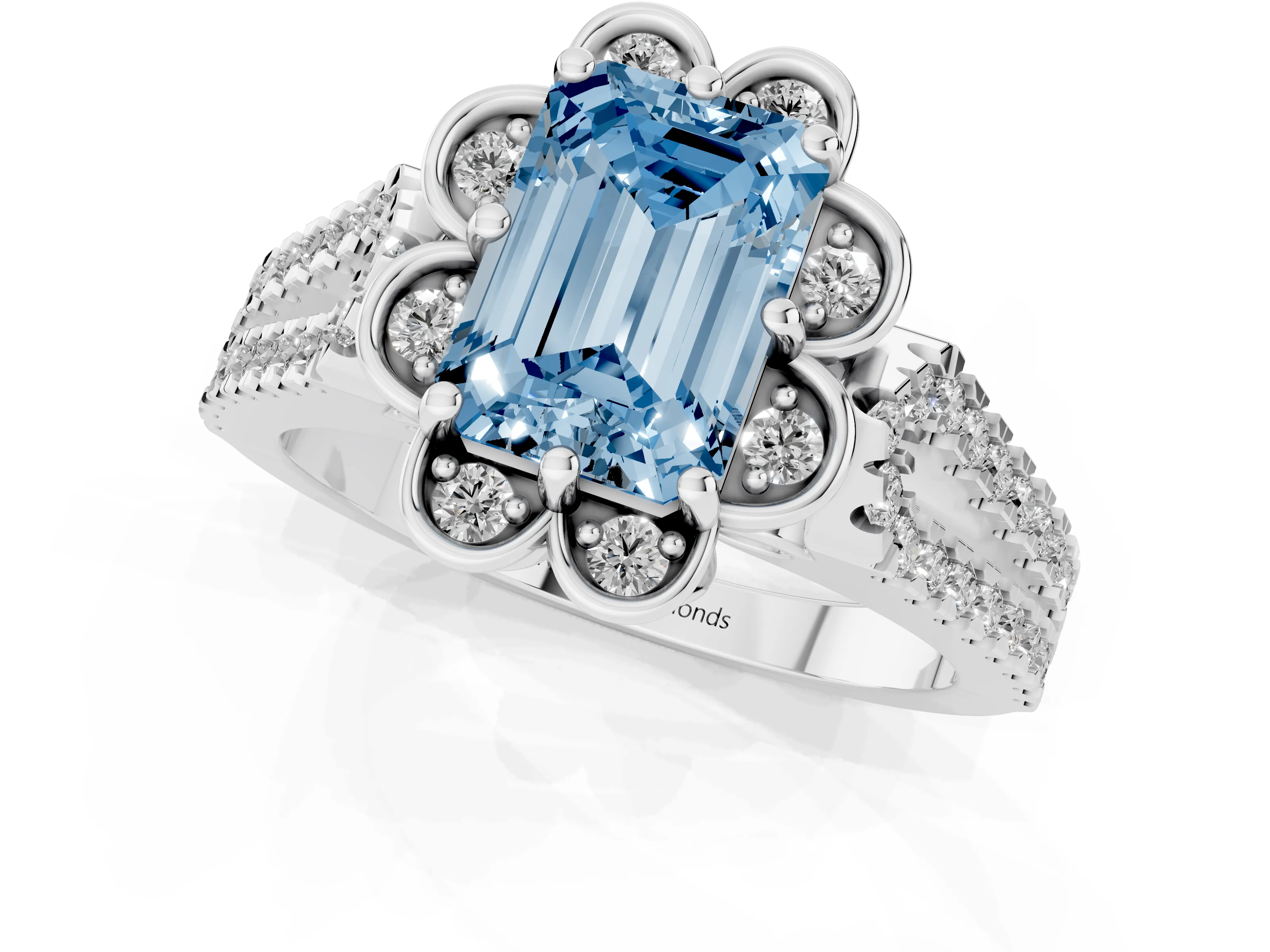 Fancy Blue Emerald Cut Diamond Floral Halo Split Shank Engagement Ring Set in Platinum with Pavé Shank