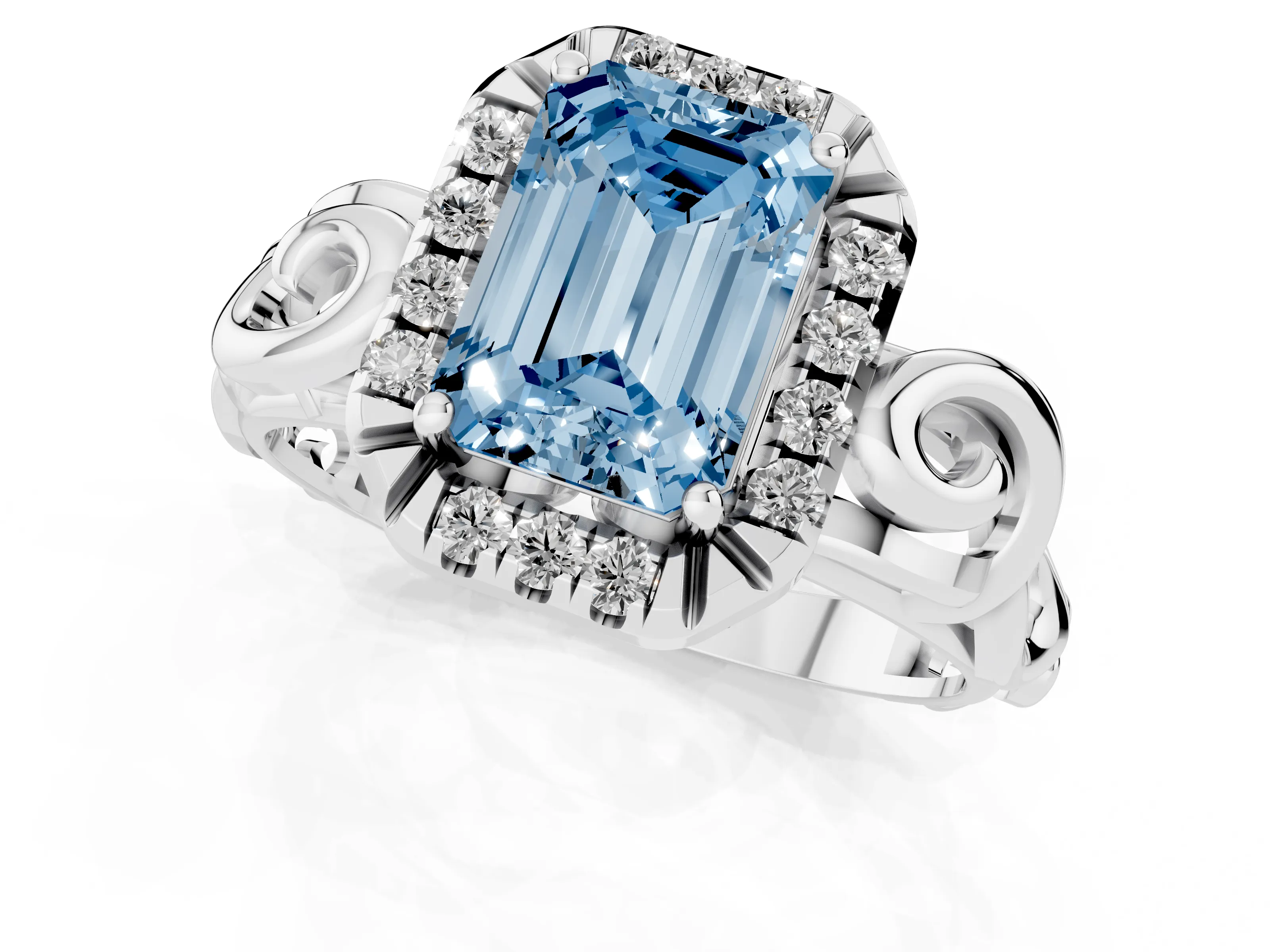 Fancy Blue Emerald Cut Diamond Halo Ring Set in Platinum with Scrollwork Band and Prong Setting