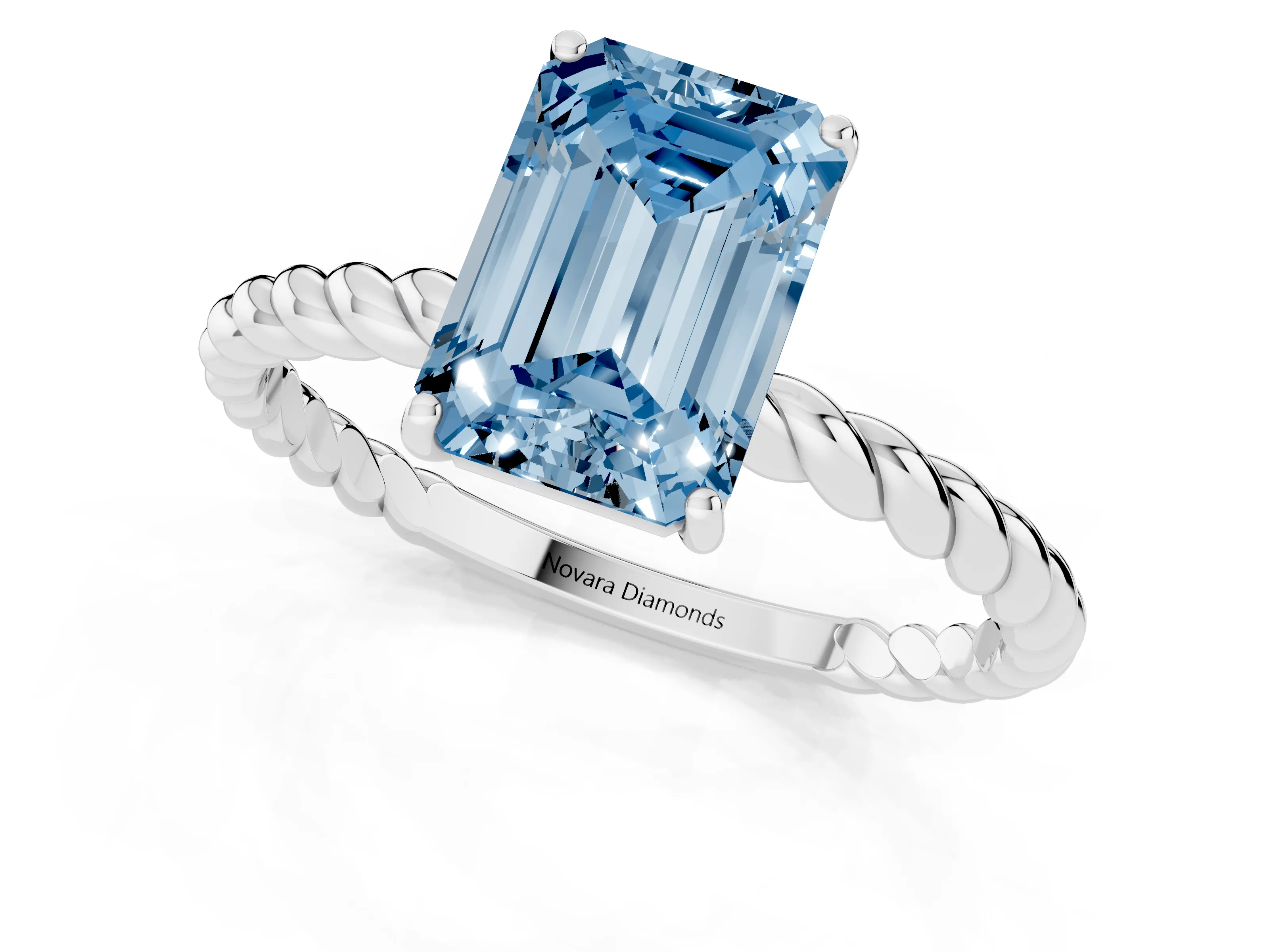 Fancy Blue Emerald Cut Diamond Solitaire Ring Set in Platinum with Twist Band and Prong Setting