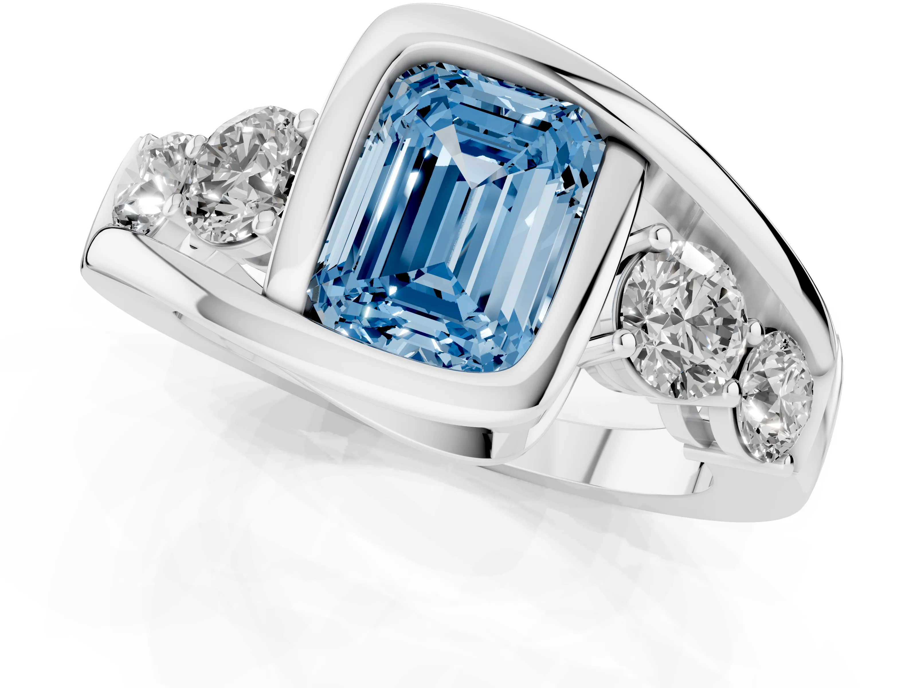 Fancy Blue Emerald Cut Diamond Bezel Bypass Ring Set in Silver with Round Accents