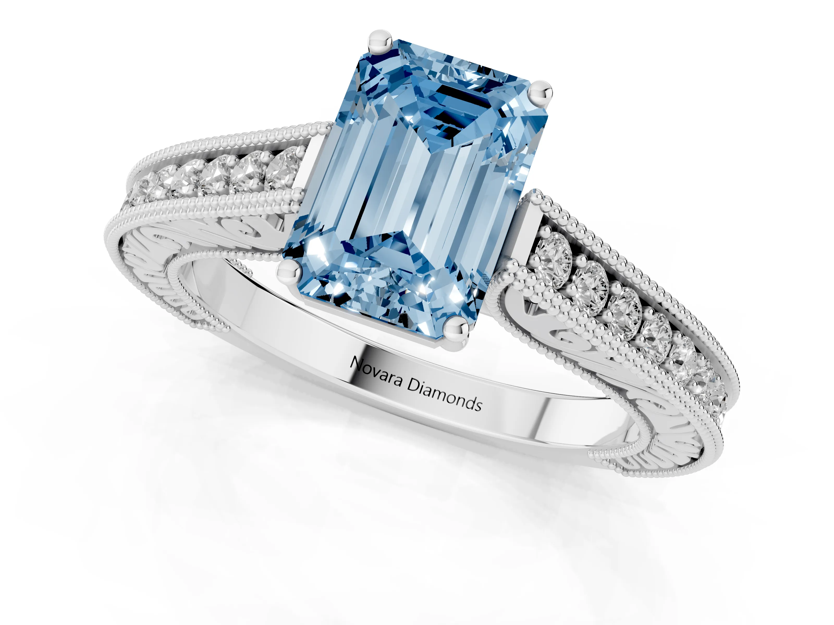 Fancy Blue Emerald Cut Diamond Milgrain Pavé Band Solitaire Ring Set in Platinum with Prong Setting
