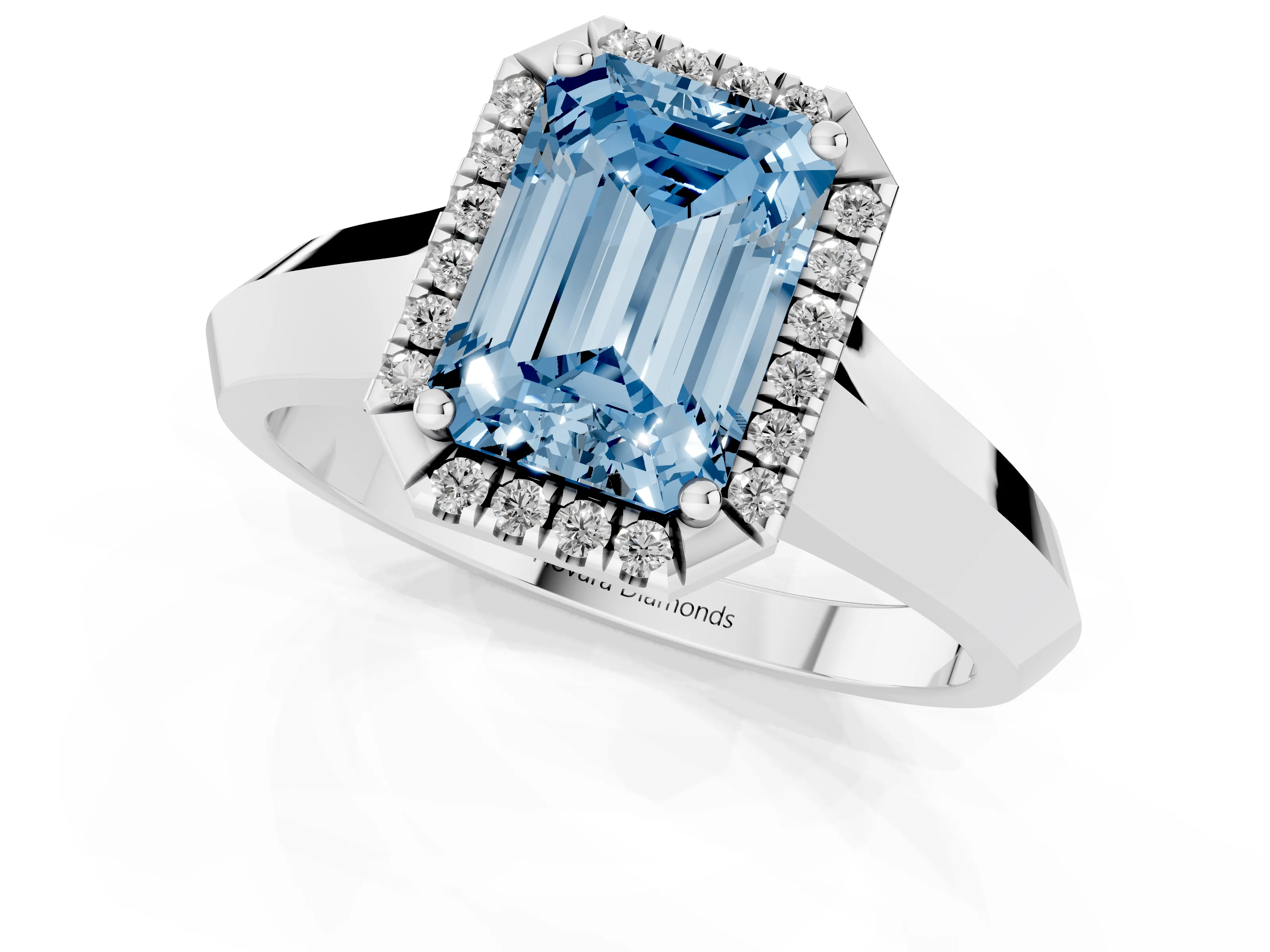 Fancy Blue Emerald Cut Diamond Halo Ring Set in White gold with Cathedral Band and Prong Setting