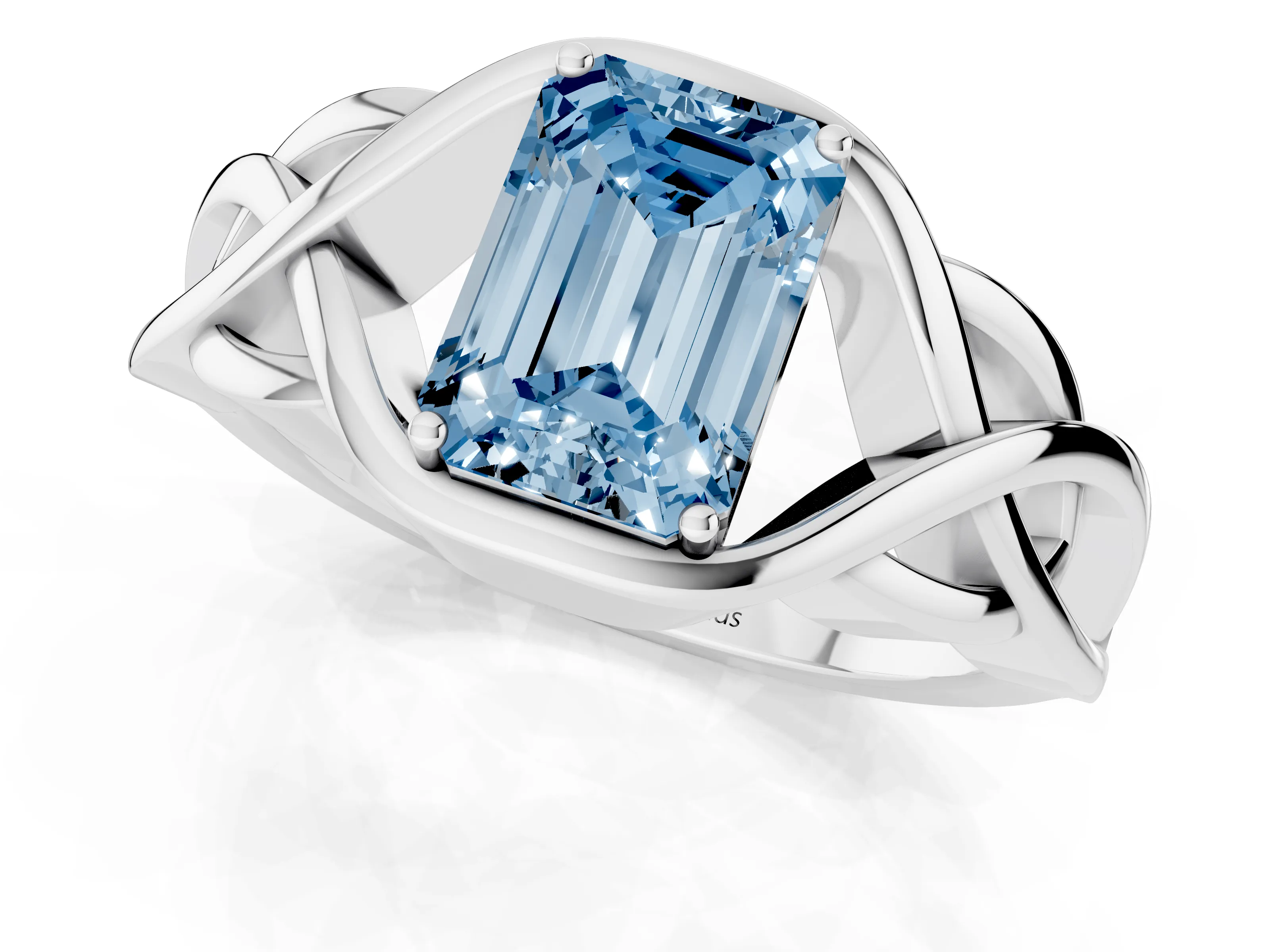 Fancy Blue Emerald Cut Diamond Solitaire Ring Set in Platinum with Intertwined Band