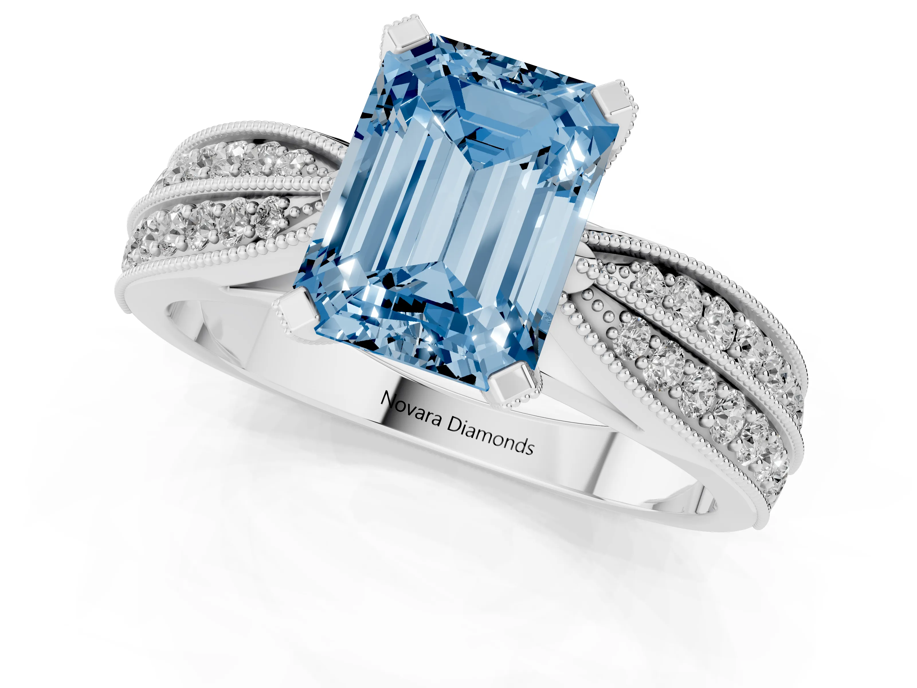 Fancy Blue Emerald Cut Diamond Solitaire Ring Set in Silver with Milgrain Double Row Round Pavé Band