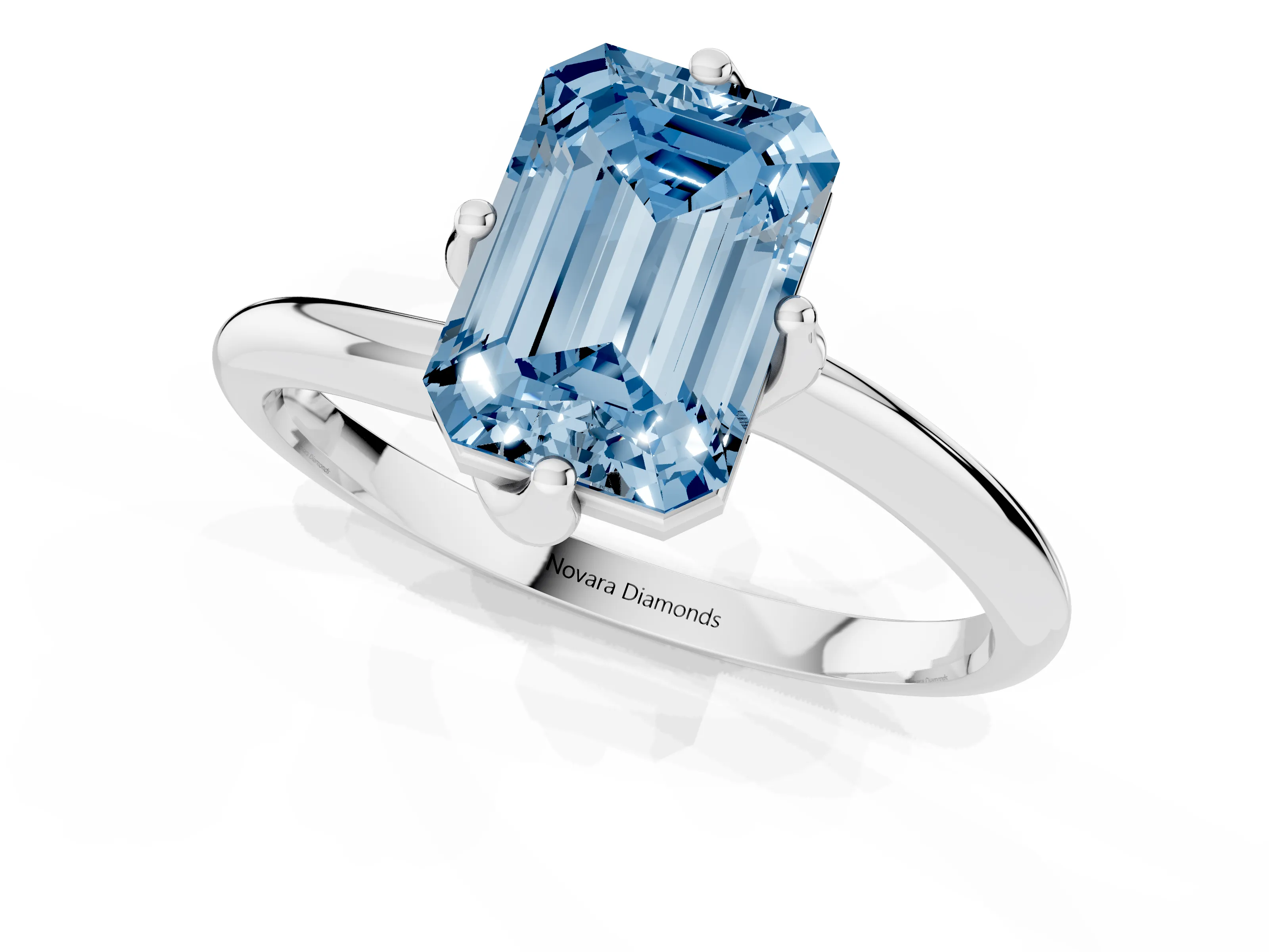 Fancy Blue Emerald Cut Diamond Solitaire Engagement Ring Set in Platinum with Classic Plain Band