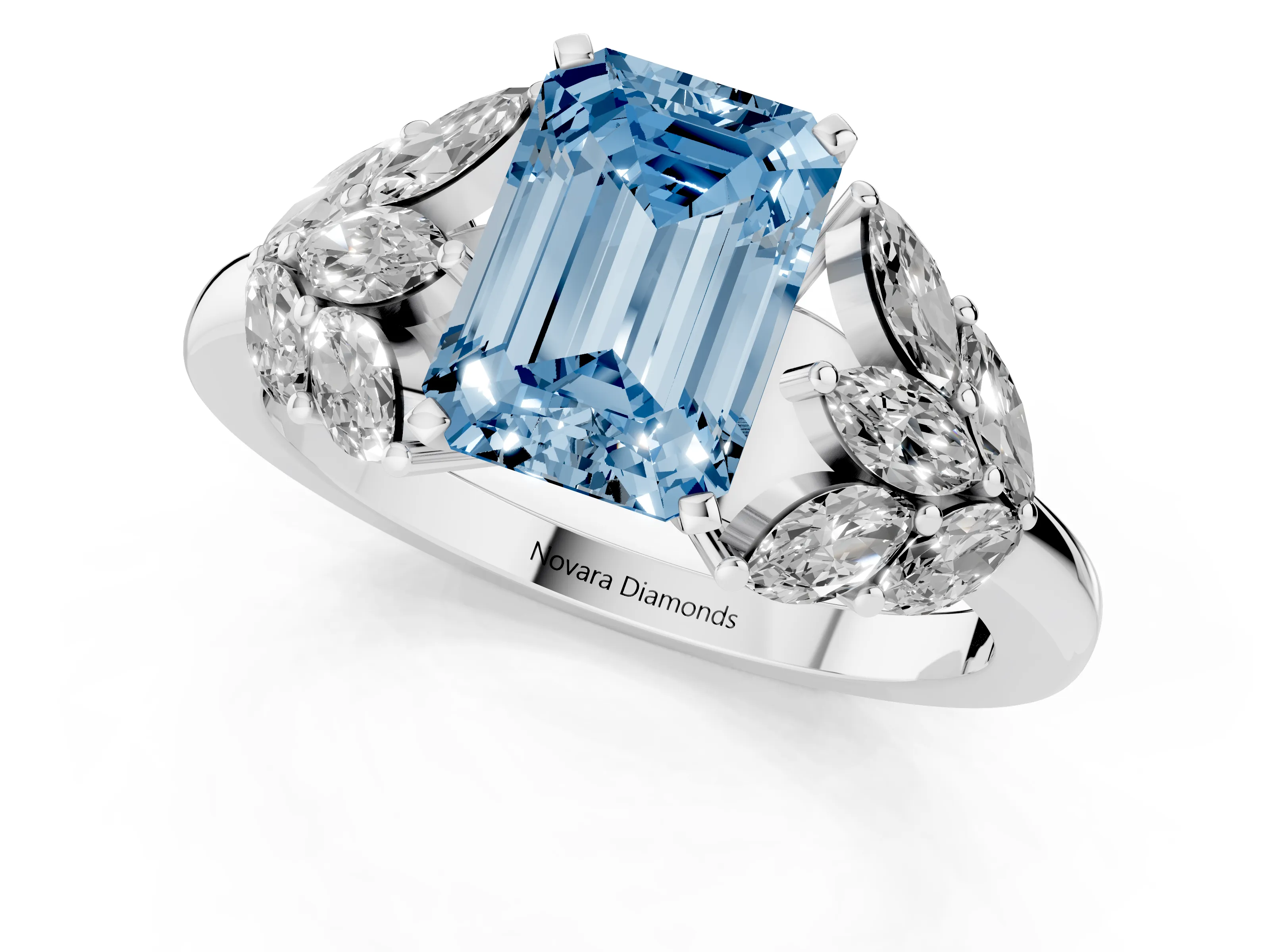 Fancy Blue Emerald Cut Diamond Cluster Leaf Design Ring Set in Platinum with Prong Setting