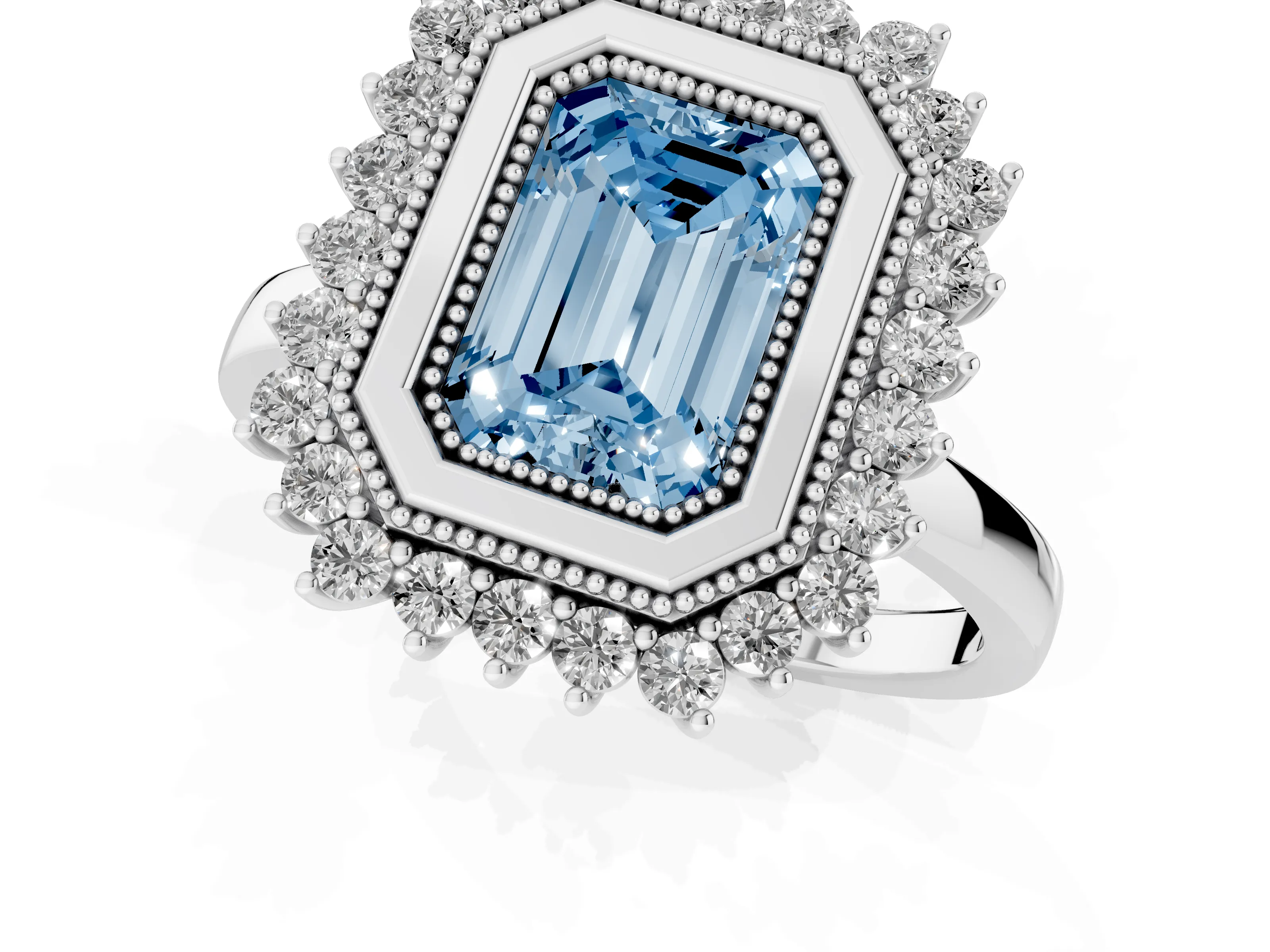 Fancy Blue Emerald Cut Diamond Halo Ring Set in Silver with Milgrain Edge and Round Prong Setting