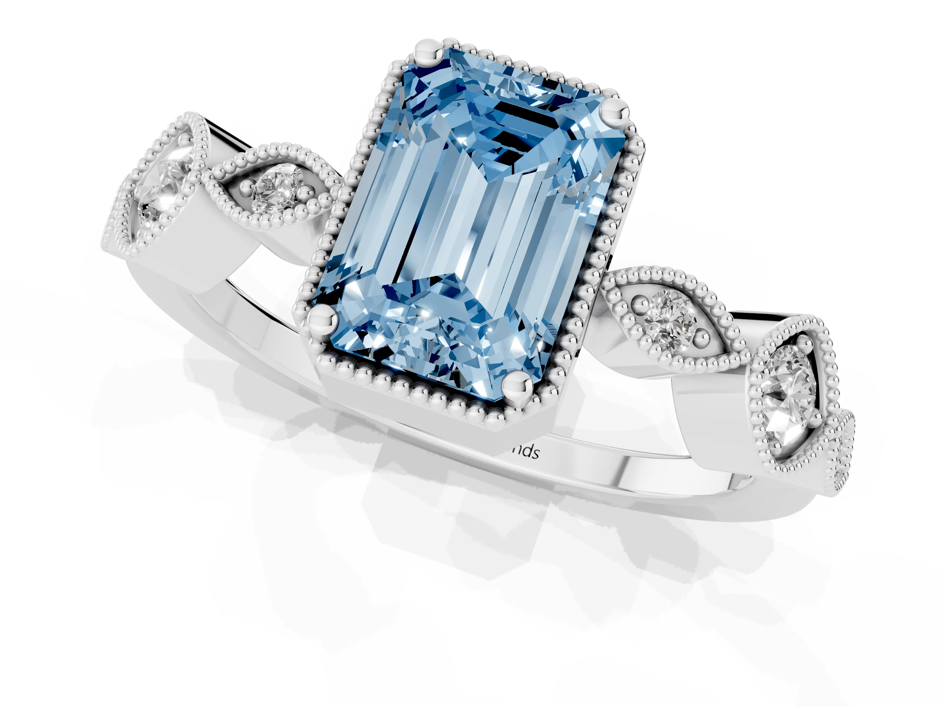 Fancy Blue Emerald Cut Diamond Vintage-Inspired Milgrain Ring Set in Platinum with Marquise Stations of Round Accents