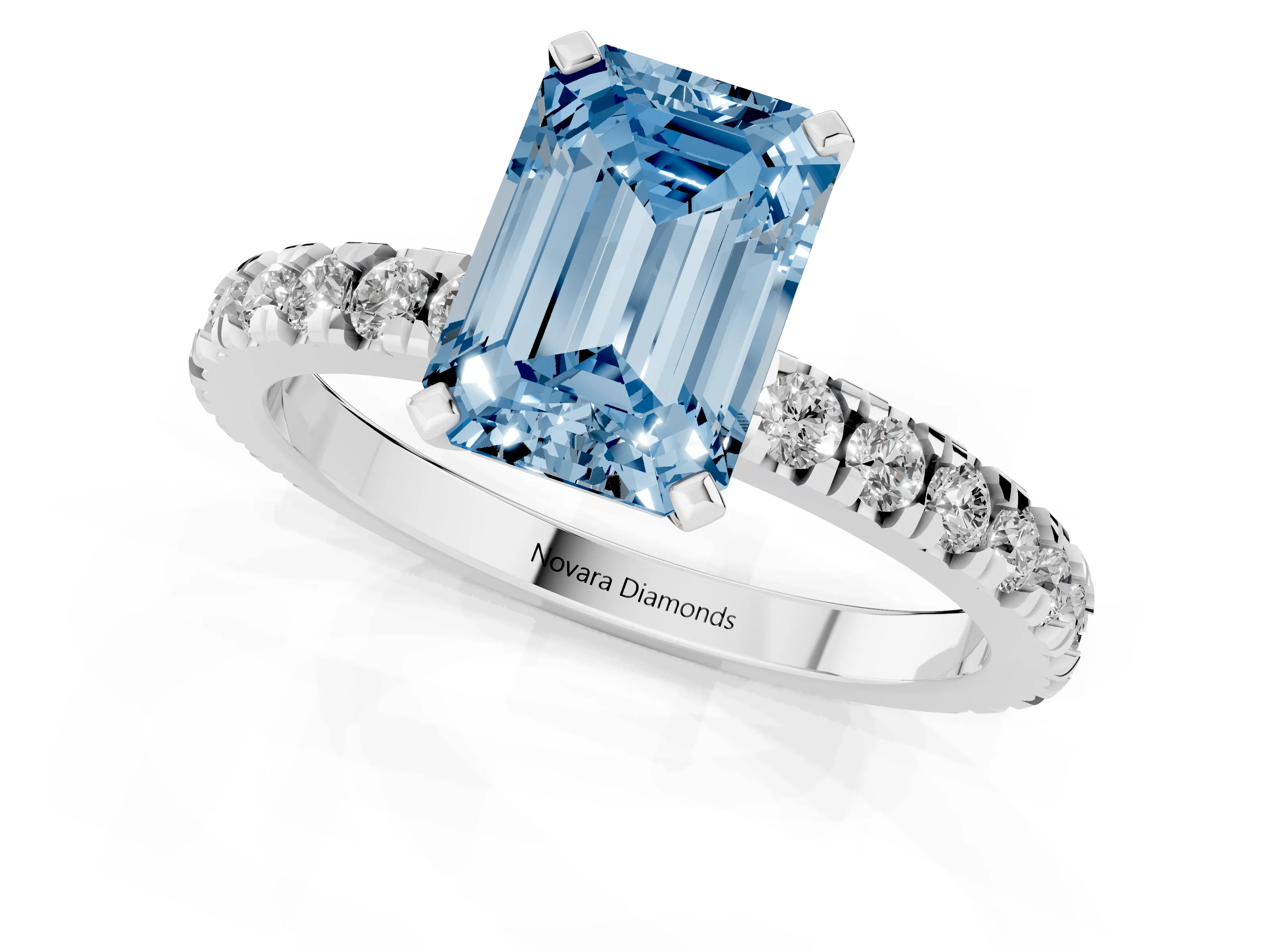 Fancy Blue Emerald Cut Diamond Pavé Band Solitaire Set in Platinum with Prong Setting