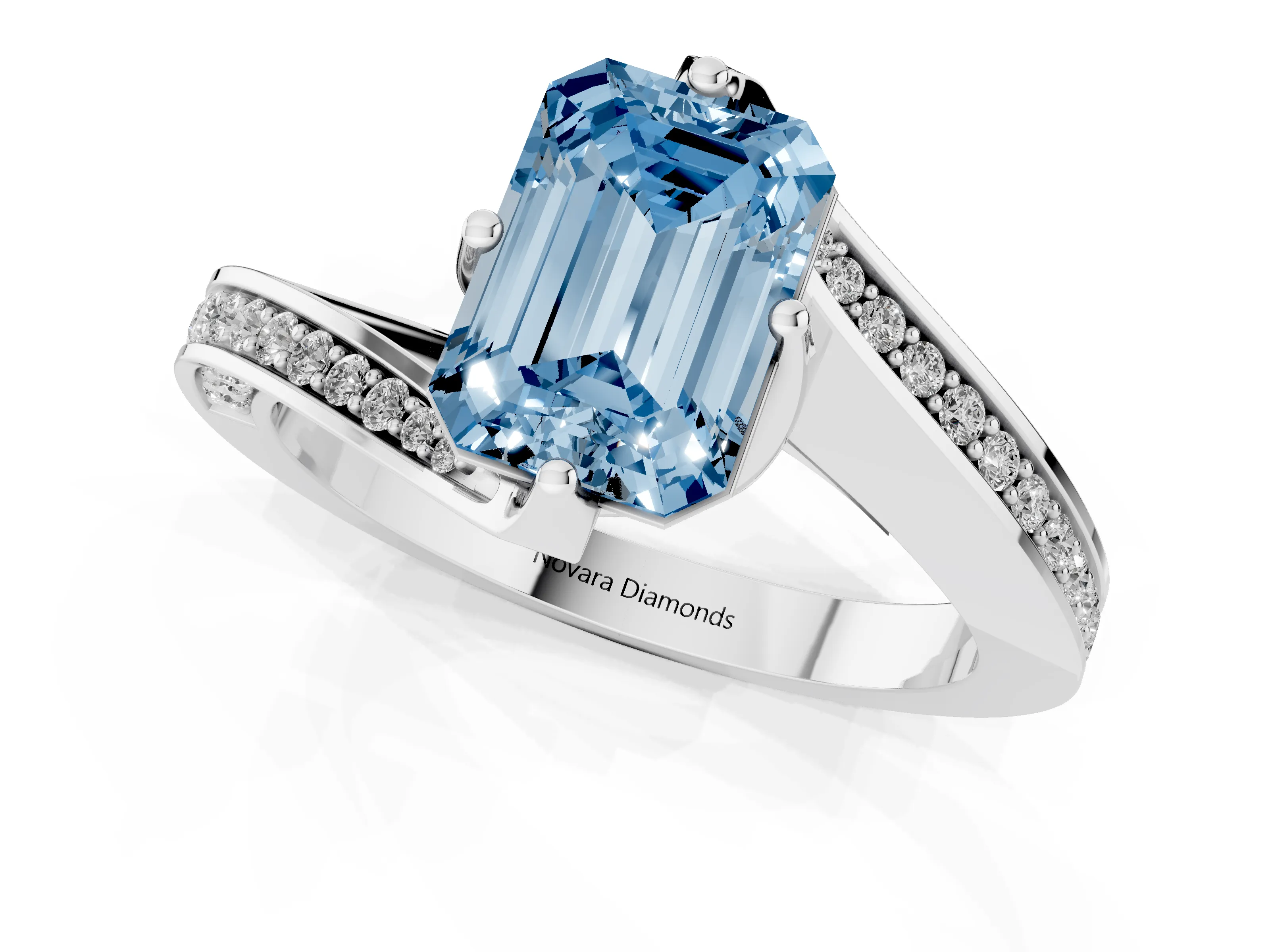Fancy Blue Emerald Cut Diamond Solitaire Ring Set in Platinum with Intertwined Pavé Twist Band