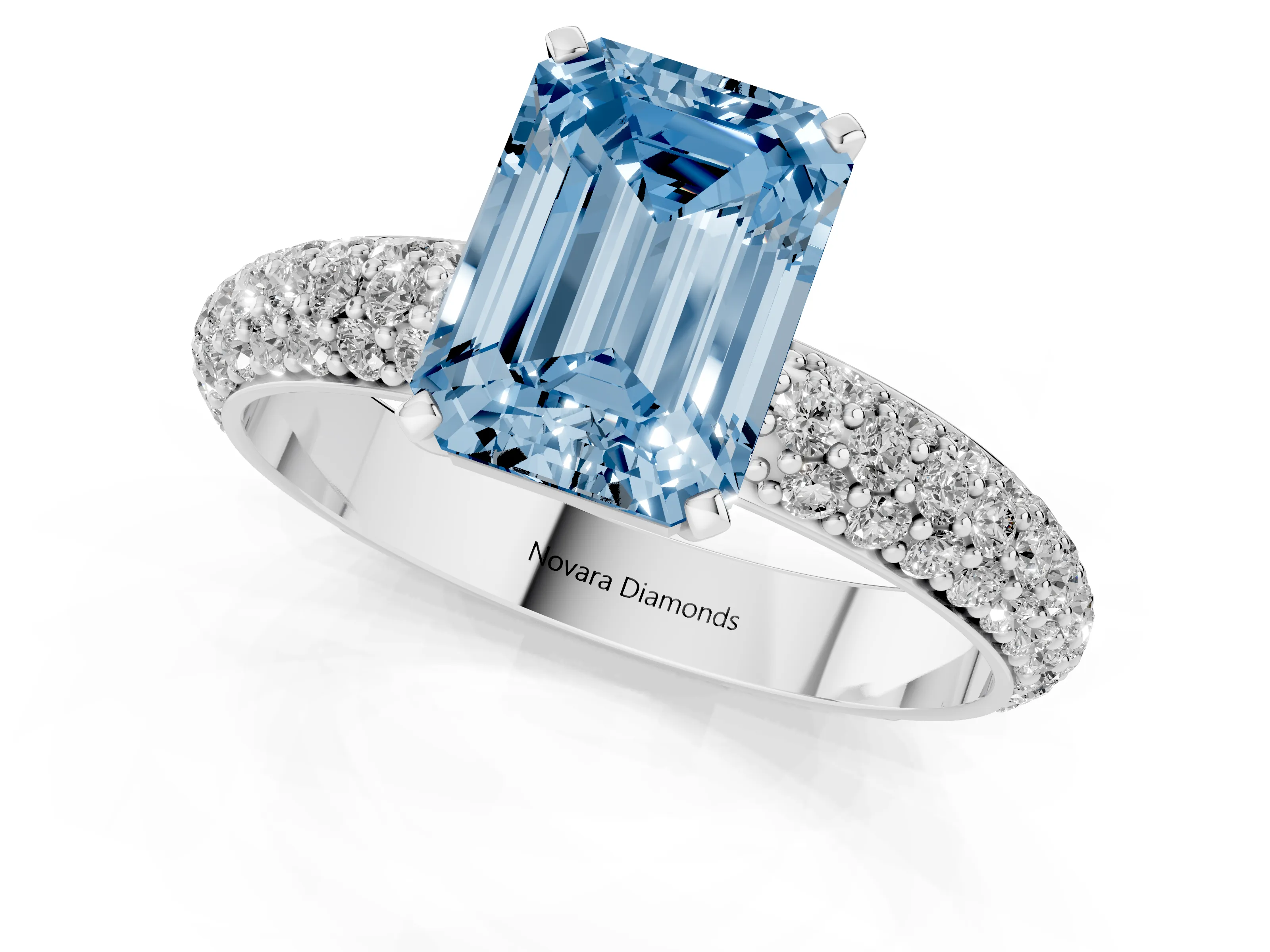 Fancy Blue Emerald Cut Diamond Solitaire Ring Set in Silver with Prong Setting and Pavé-Set Band