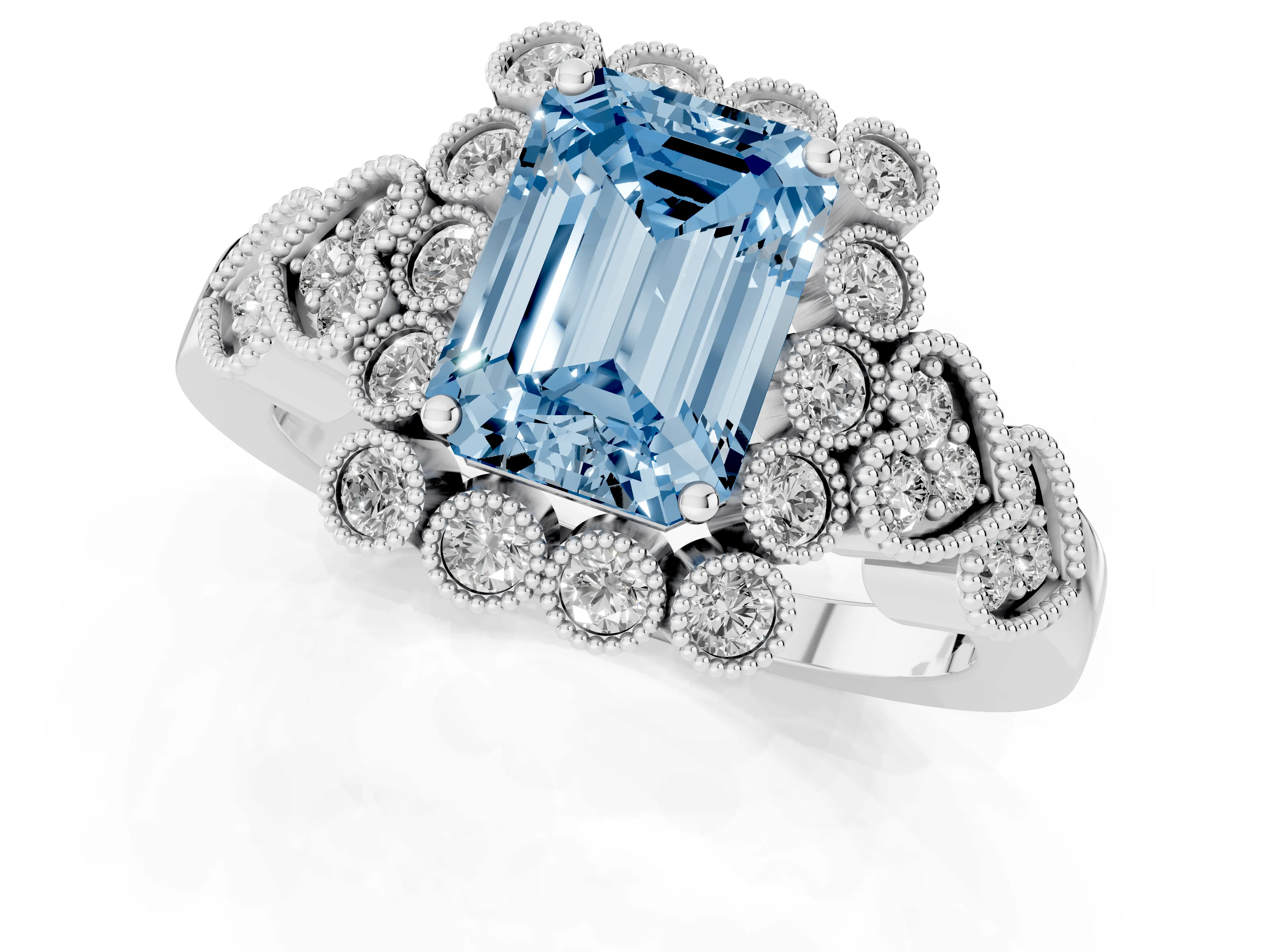 Fancy Blue Emerald Cut Diamond Solitaire Ring Set in Platinum with Milgrain Pavé Heart Band