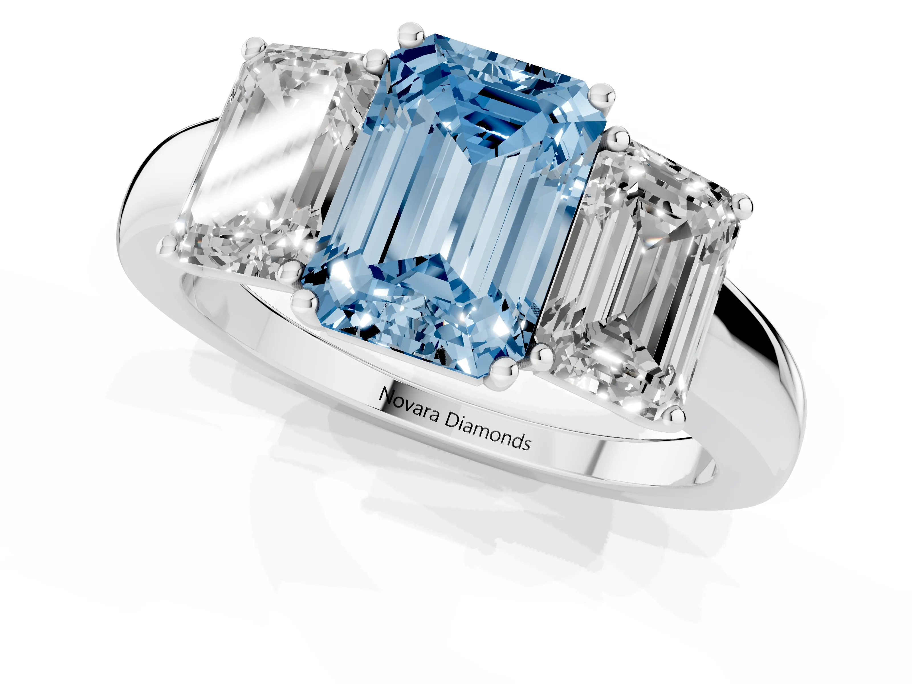 Fancy Blue Emerald Cut Diamond Three-Stone Ring Set in Silver with Bold Center and Classic Band