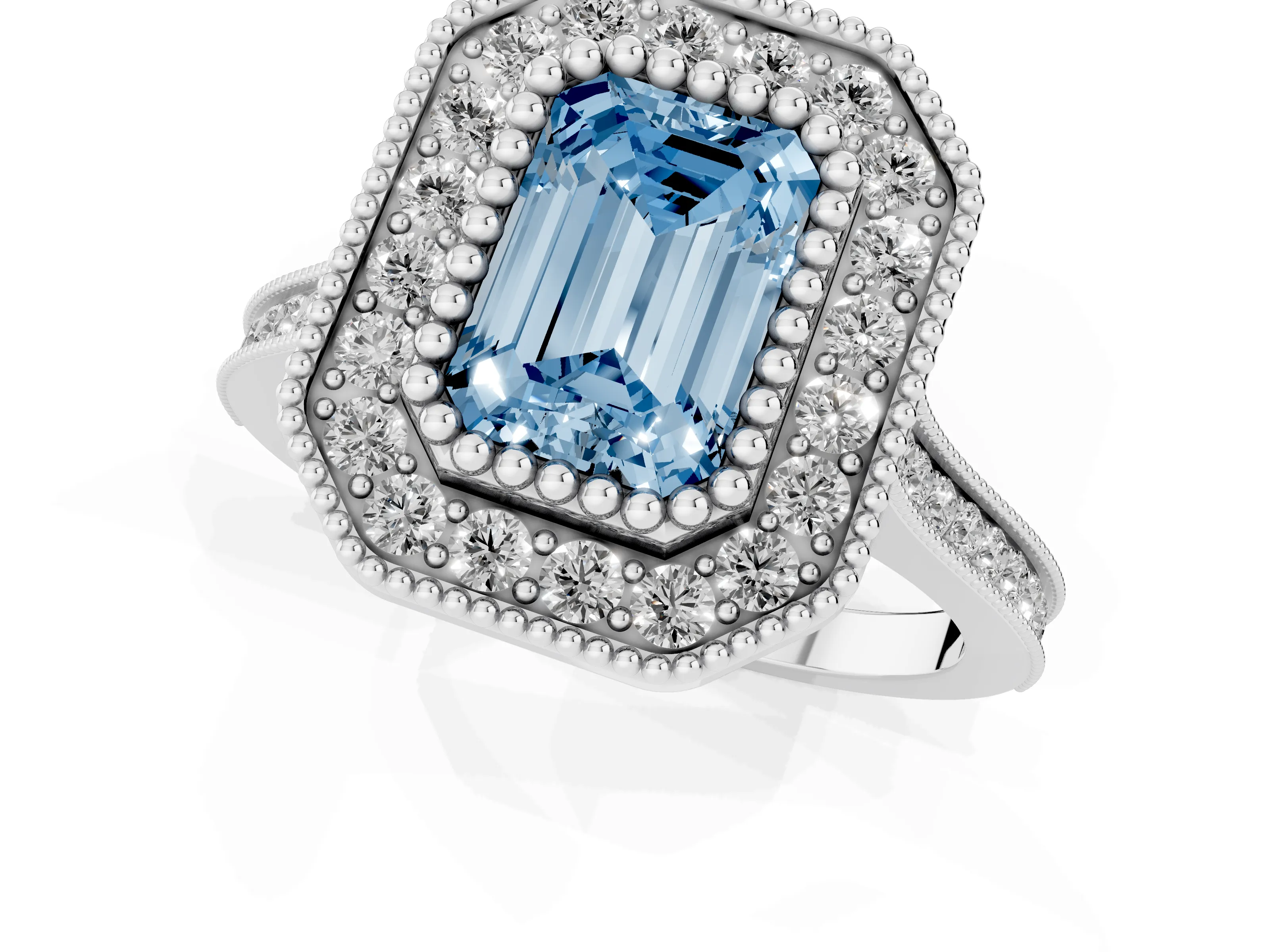 Fancy Blue Emerald Cut Diamond Halo Ring Set in White gold with Milgrain Frame and Pavé Band