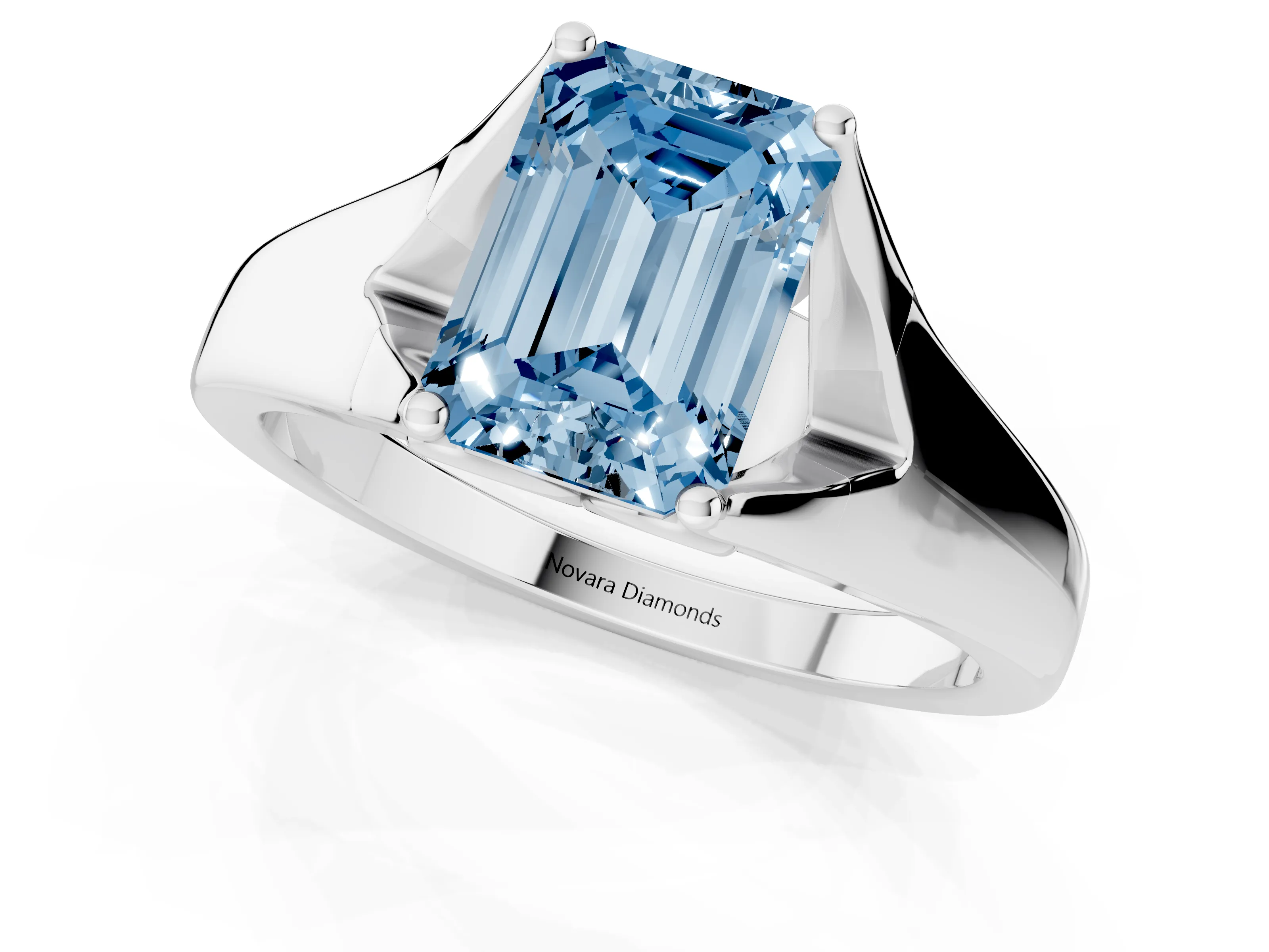 Fancy Blue Emerald Cut Diamond Solitaire Ring Set in Platinum with Arched Cathedral Band and Prong Setting