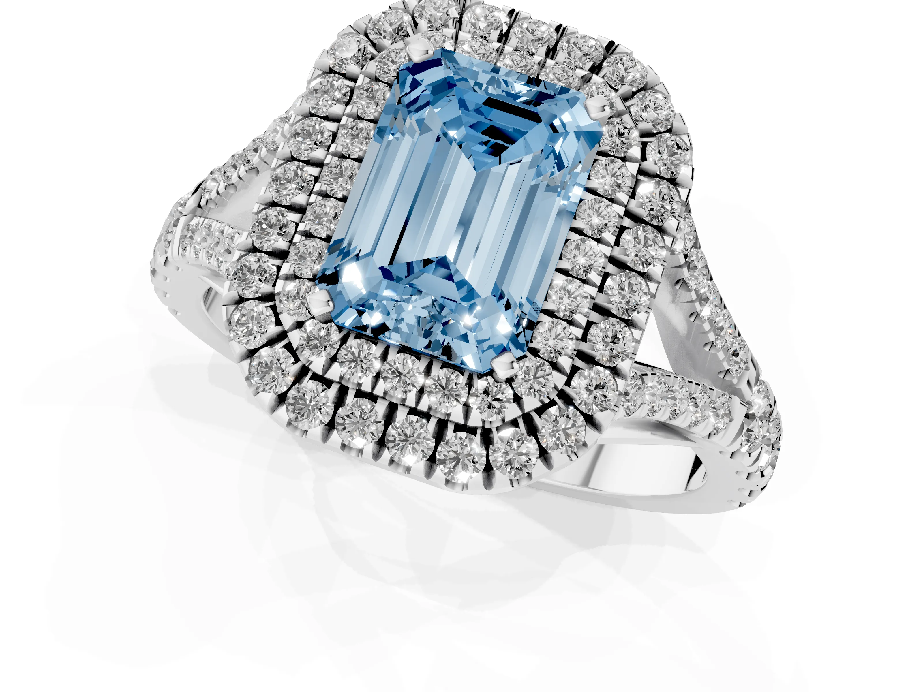 Fancy Blue Emerald Cut Diamond Pavé Split Shank Double Halo Engagement Ring Set in Platinum
